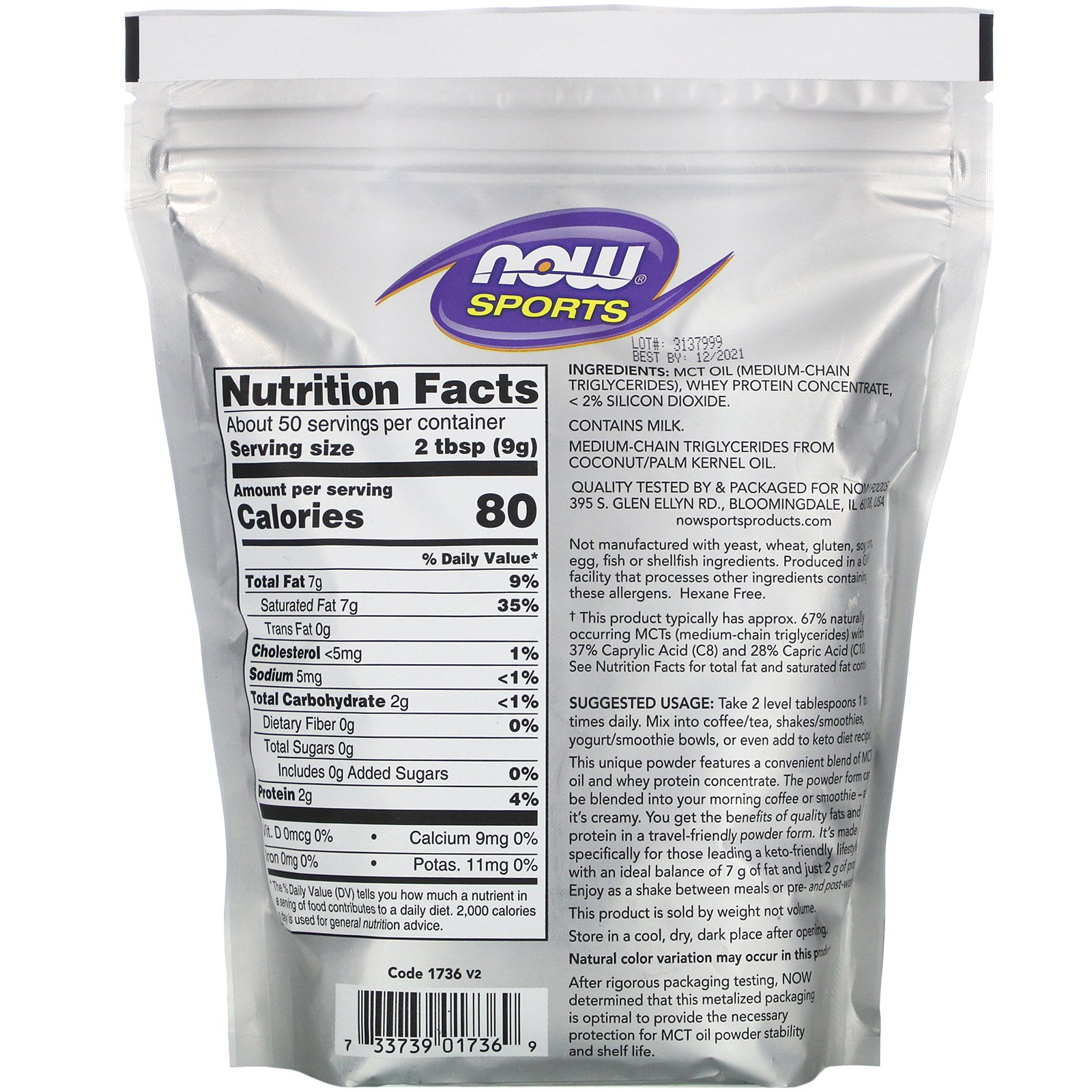 Comprar Now Foods, Sports, MCT Powder with Whey Protein, Unflavored, 1 lb (454 g) - Imagem 2