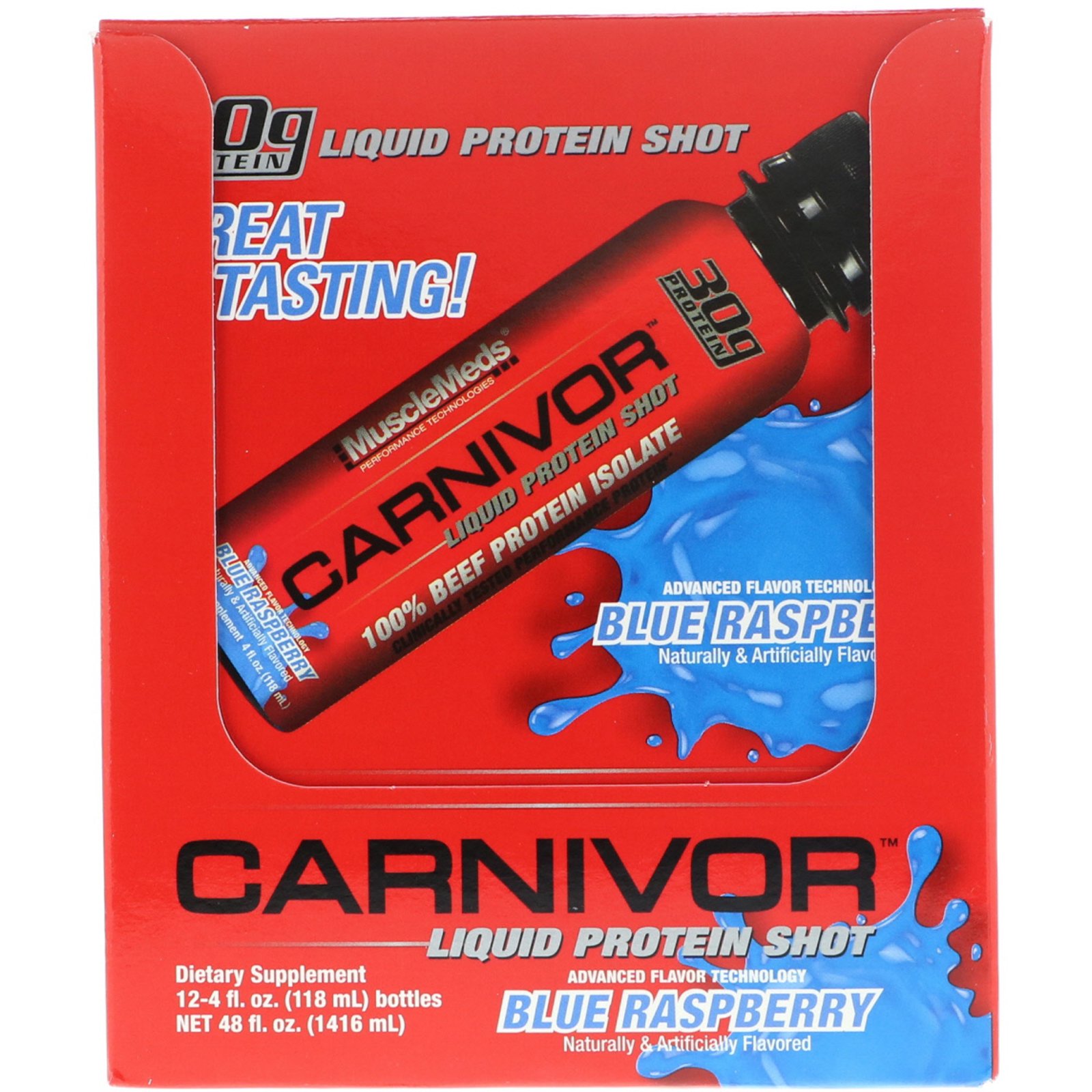 Comprar MuscleMeds, Carnívoro, Dose de Proteína Líquida, Framboesa Azul, Embalagem com 12, 4 fl oz (118 ml) Cada - Imagem 2