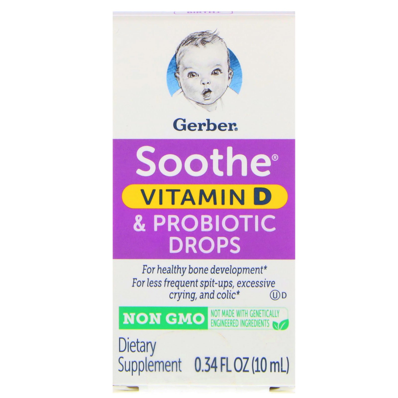 Comprar Gerber, Soothe, Vitamin D & Probiotic Drops, Birth +, 0.34 fl oz (10 ml)