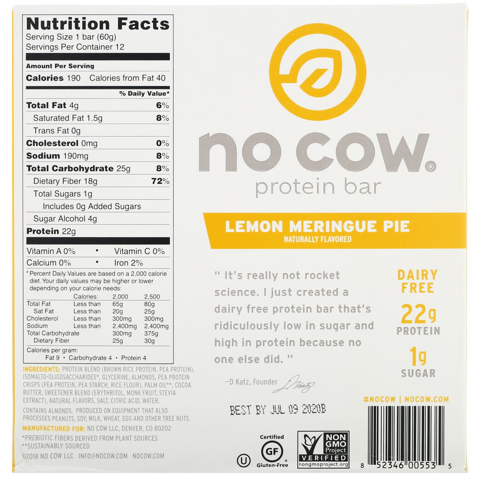 Comprar No Cow, Barra de Proteína, Torta de Merengue de Limão, 12 Barras, 2,12 oz (60 g) Cada - Imagem 3