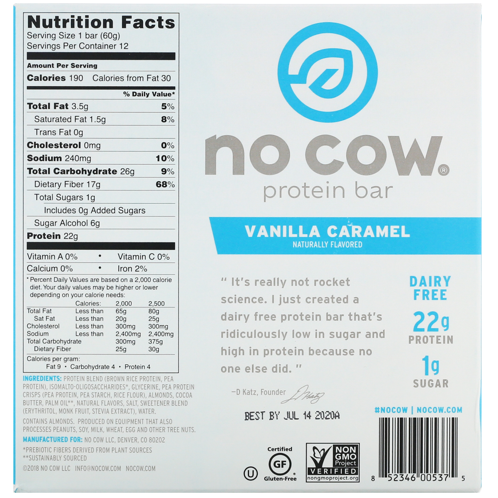 Comprar No Cow, Barra de Proteína, Caramelo de Baunilha, 12 Barras, 60 g (2,12 oz) Cada - Imagem 3