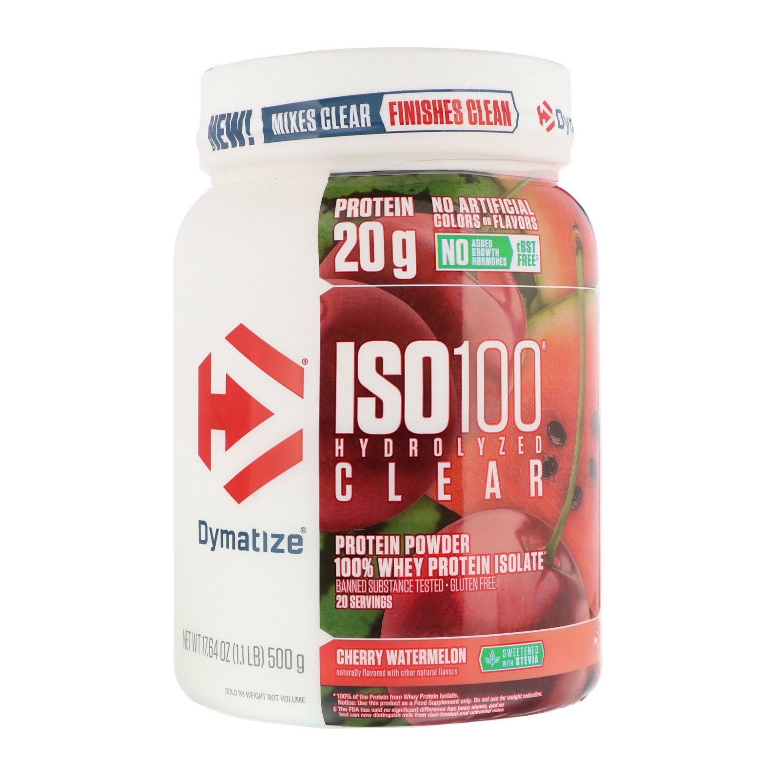 Comprar Dymatize Nutrition, ISO100 Hydrolyzed Clear, 100% Whey Protein Isolate, Cherry Watermelon, 1.1 lb (500 g)
