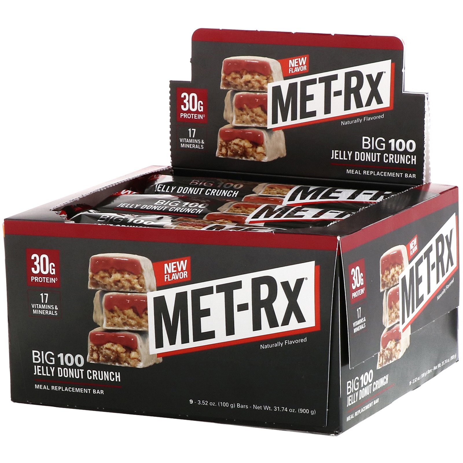 Comprar MET-Rx, MET-Rx Big 100, Meal Replacement Bar, Jelly Donut Crunch, 9 bars, 3.52 oz (100 g) Each