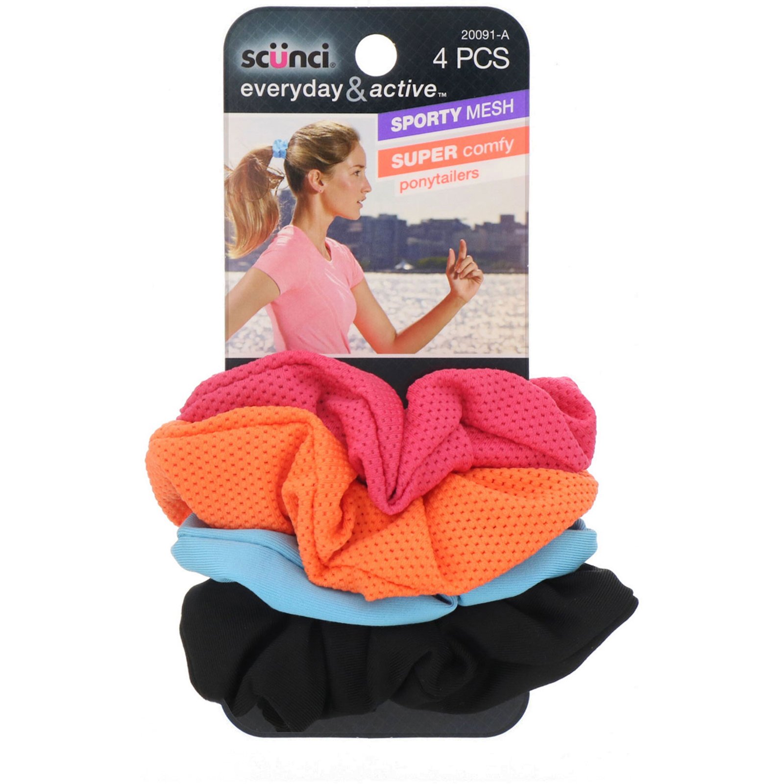 Comprar Scunci, Elástico de cabelo para rabo de cavalo Everyday & Active, malha respirável, superconfortáveis, cores variadas, 4 peças