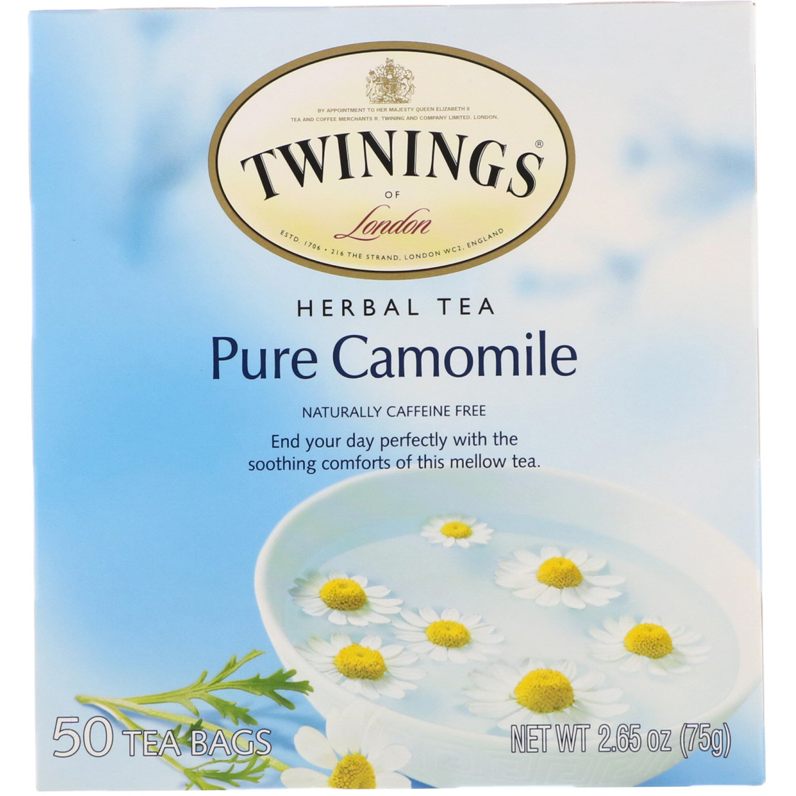 Comprar Twinings, Chá de Ervas, Camomila Pura, Sem Cafeína, 50 Saquinhos de Chá, 2,65 oz (75 g)