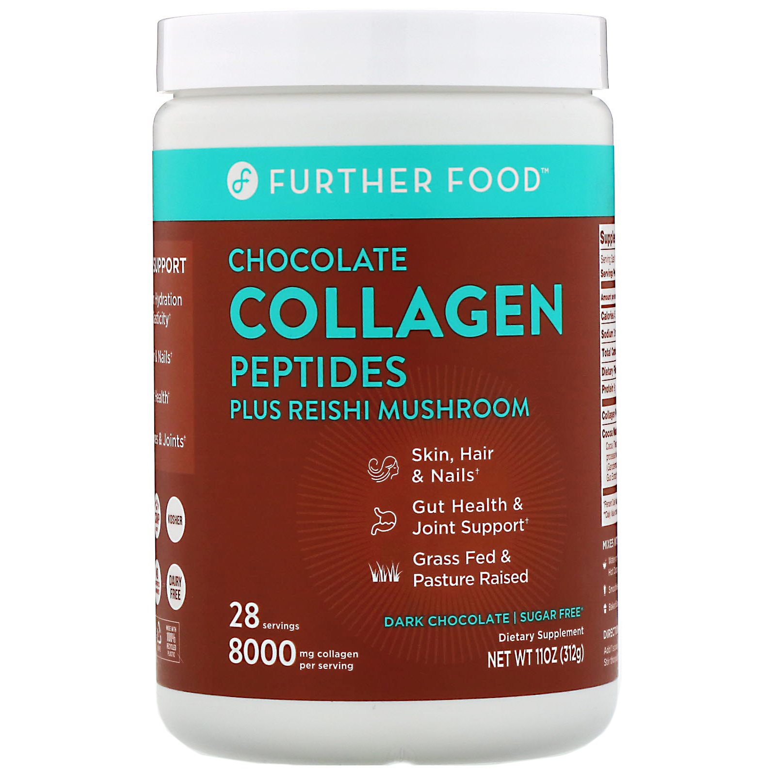 Comprar Further Food, Peptídeos de Colágeno de Chocolate com Cogumelo Reishi, Chocolate Amargo, 312 g (11 oz)
