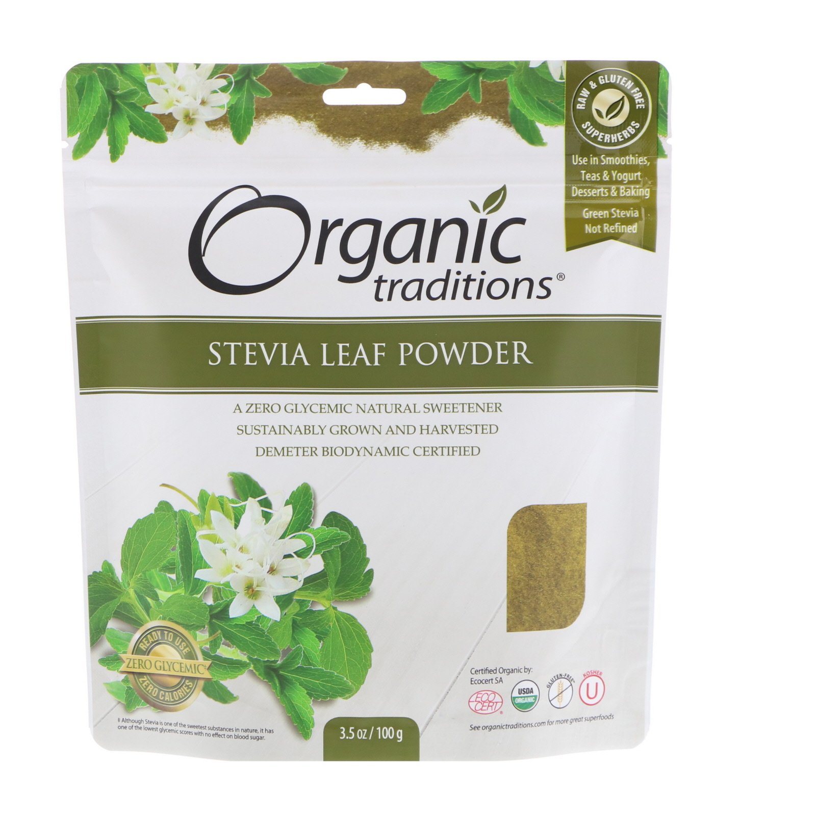 Comprar Organic Traditions, Folha de Estévia em Pó, 3,5 oz (100 g)