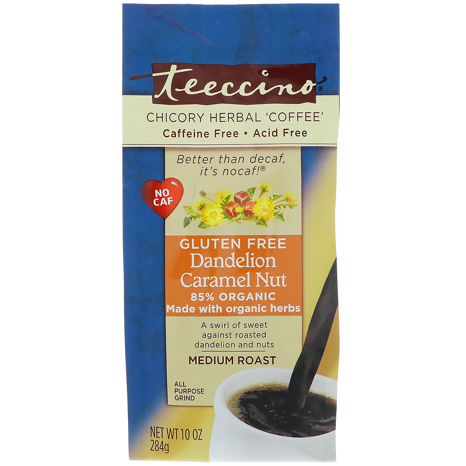 Comprar Teeccino, Chicory Herbal Coffee, Medium Roast, Dandelion Caramel Nut, Caffeine Free, 10 oz (284 g)