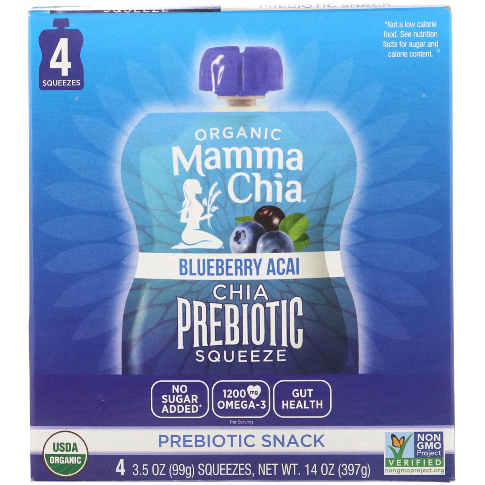 Comprar Mamma Chia, Organic Chia Prebiotic Squeeze, Blueberry Acai, 4 Pouches, 3.5 oz (99 g) Each