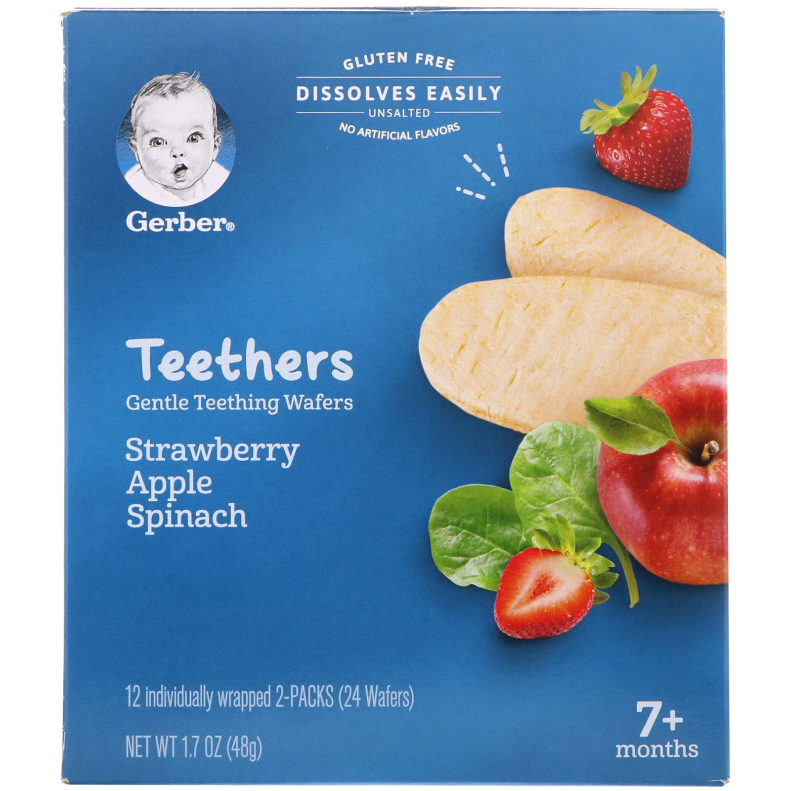 Comprar Gerber, Teethers, Gentle Teething Wafers, 7+ Months, Strawberry Apple Spinach, 24 Wafers, 1.7 oz (48 g)