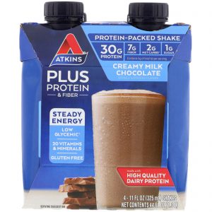 Comprar Atkins, Plus Protein & Fiber, Creamy Milk Chocolate, 4 Shakes, 11 fl oz (325 ml) Each