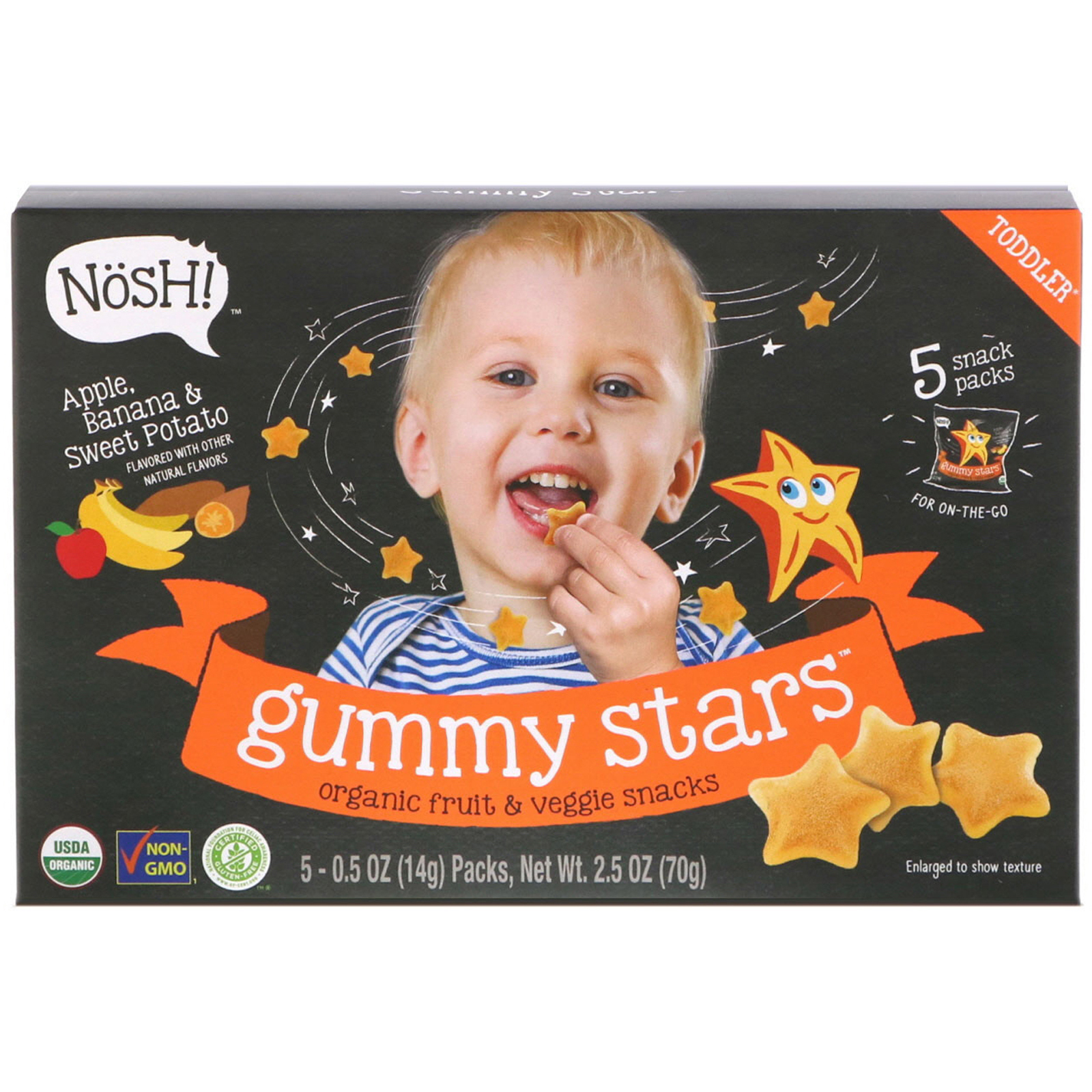 Comprar NosH!, Estrelas de Goma Para Crianças, Petiscos de Frutas e Vegetais Orgânicos, Maçã, Banana e Batata Doce, 5 Embalagens, 0,5 oz (14 g) Cada