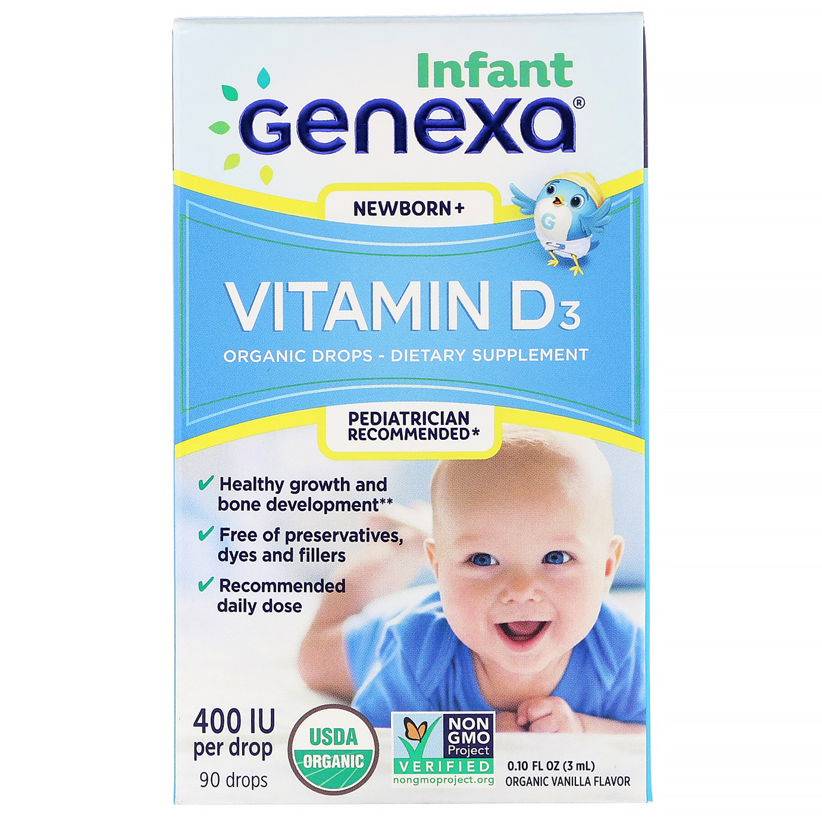 Comprar Genexa, Vitamina D3 para Bebês, Recém-Nascidos+, Sabor de Baunilha Orgânica, 400 UI, 3 ml (0,10 fl oz)