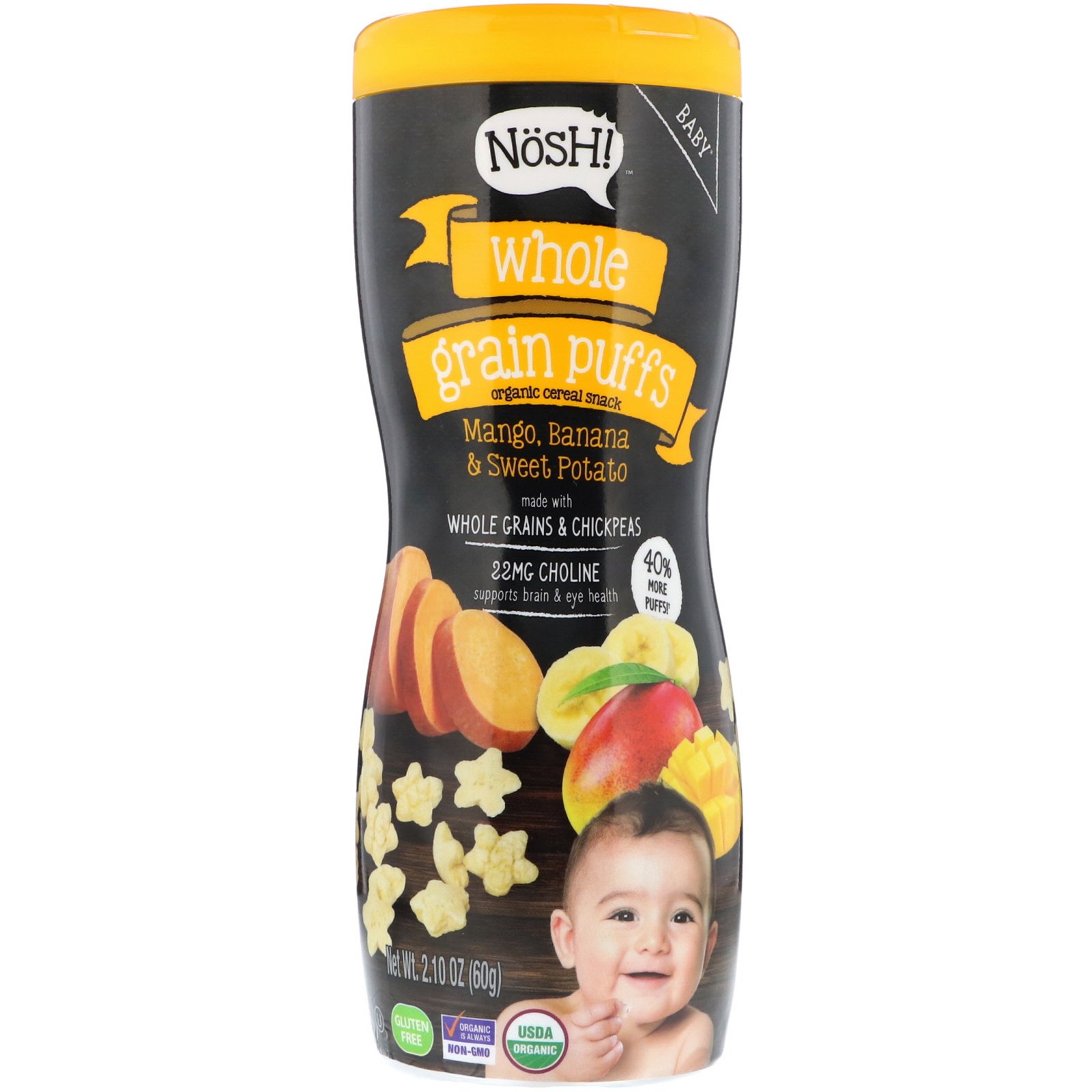 Comprar NosH!, Bebê, Puffs Integral, Lanche de Cereais Orgânicos, Manga, Banana e Batata-doce, 2,10 oz (60 g)