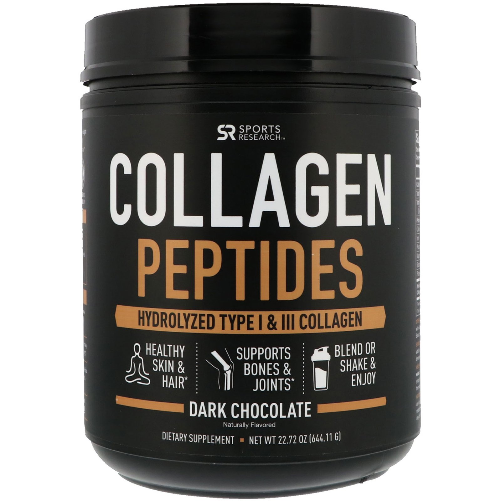 Comprar Sports Research, Pepitídeos de Colágeno, Colágeno Hidrolisado Tipo I e III, Chocolate Amargo, 22,72 oz (644,11 g)
