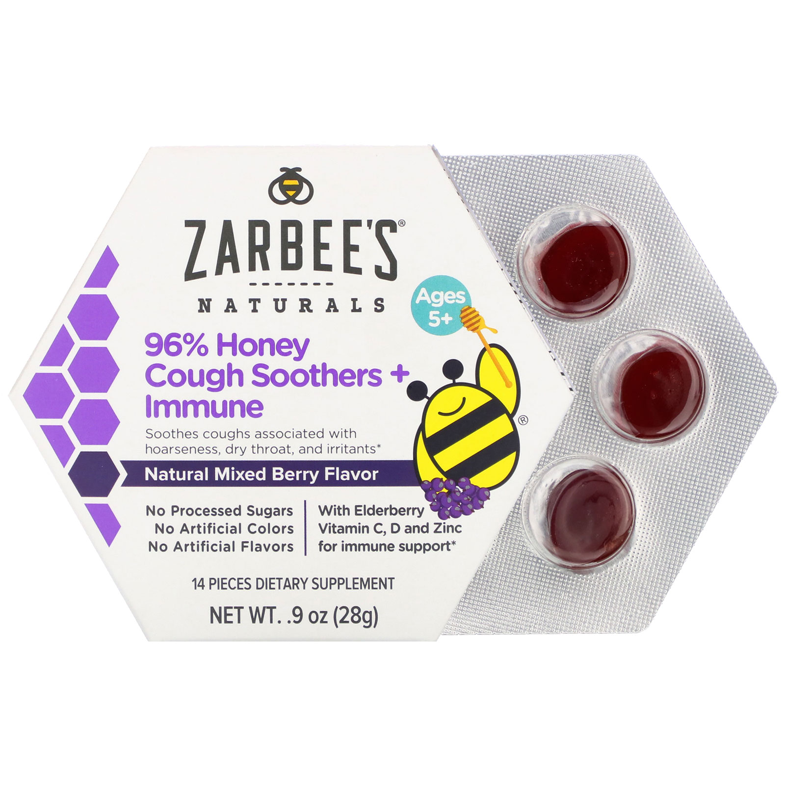 Comprar Zarbee's, 96% Honey Cough Soothers + Immune Support, Natural Mixed Berry Flavor, Ages 5+, 14 Pieces - Imagem 2