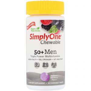 Comprar Super Nutrition, SimplyOne, Homens de 50+, Multivitamínico de Potência Tripla, Sabor Baga Selvagem, 30 Comprimidos Mastigáveis