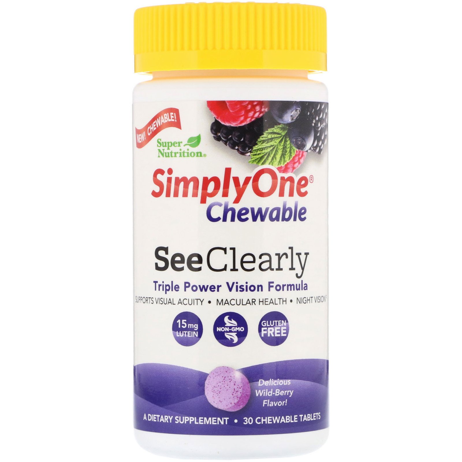 Comprar Super Nutrition, SimplyOne, Veja Claramente, Formula de Potência Tripla para a Visão, Sabor Baga Silvestre, 30 Comprimidos Mastigáveis