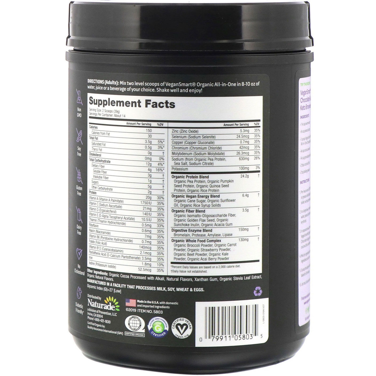 Comprar VeganSmart, Shake Nutricional All-In-One Orgânico, Doce de Chocolate, 19,25 oz (546 g) - Imagem 2