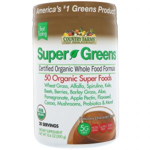 Comprar Country Farms, Super Verdes, Fórmula de Alimentos Integrais Certificadamente Orgânica, Sabor Delicioso de Chocolate, 10,6 oz (300 g)