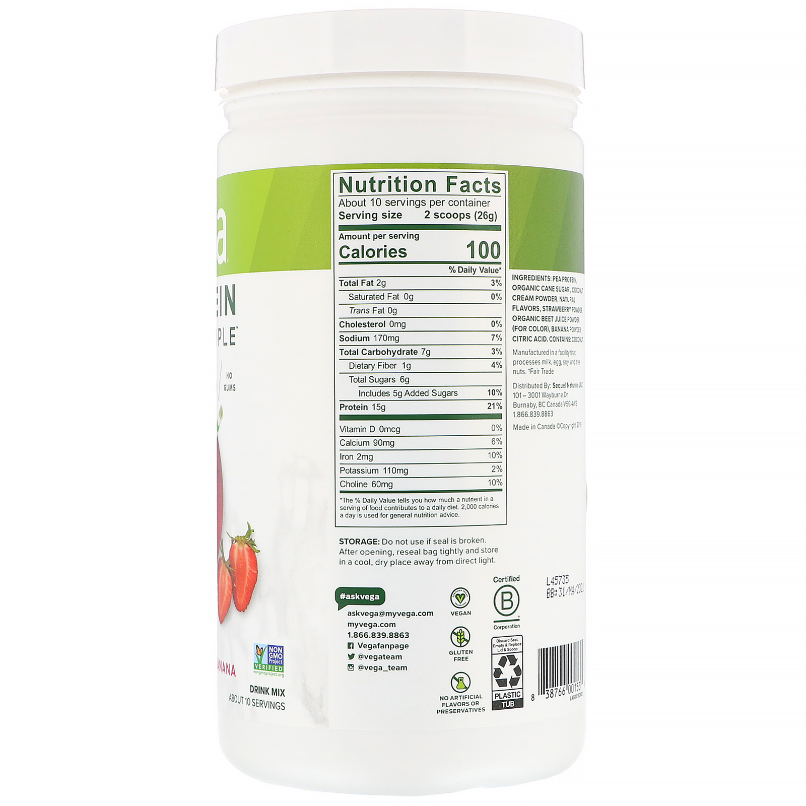 Comprar Vega, Protein Made Simple, Morango e Banana, 263 g (9,3 oz) - Imagem 2