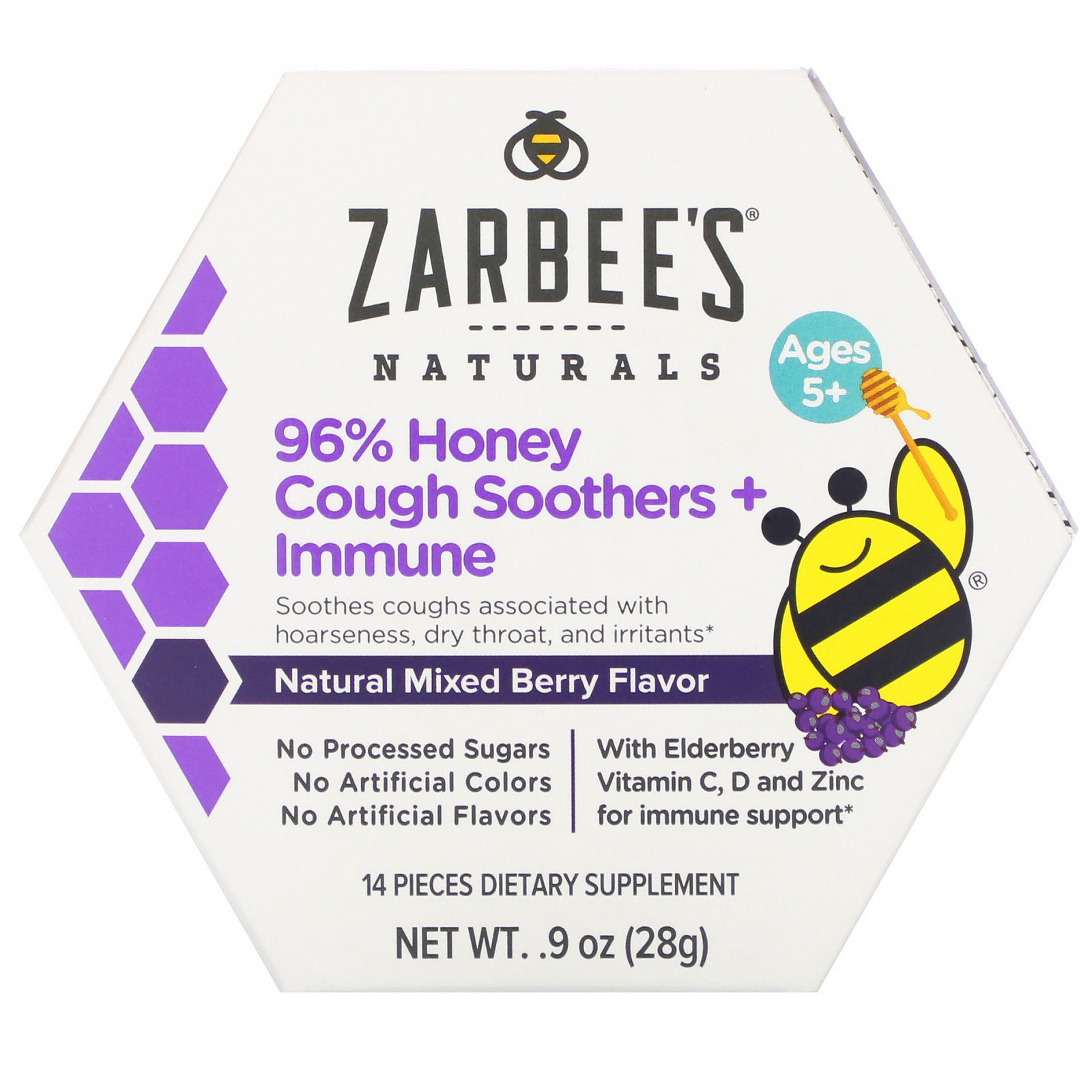 Comprar Zarbee's, 96% Honey Cough Soothers + Immune Support, Natural Mixed Berry Flavor, Ages 5+, 14 Pieces