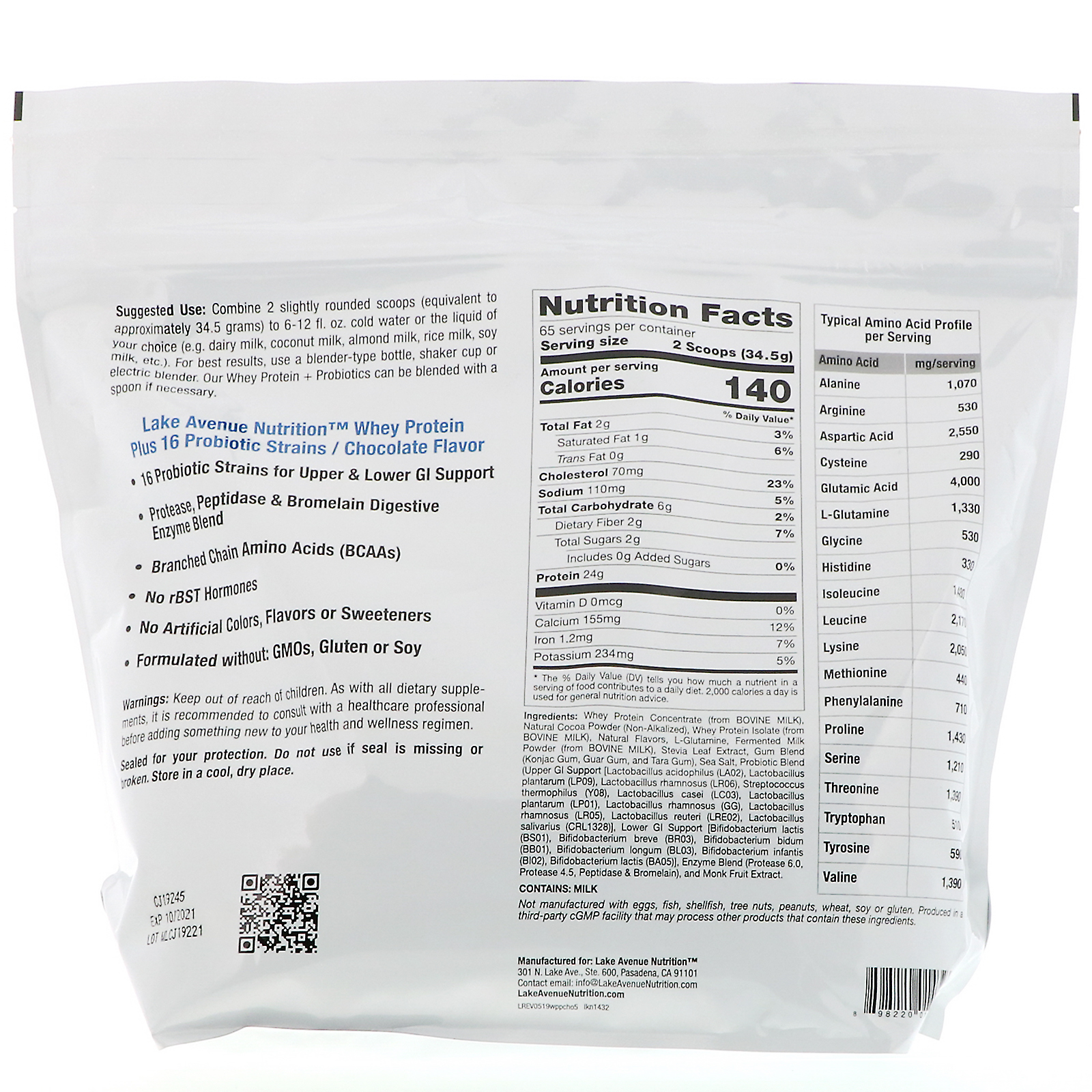 Comprar Lake Avenue Nutrition, Proteína Whey + Probióticos, Sabor Chocolate, 2270 g (5 lb) - Imagem 2
