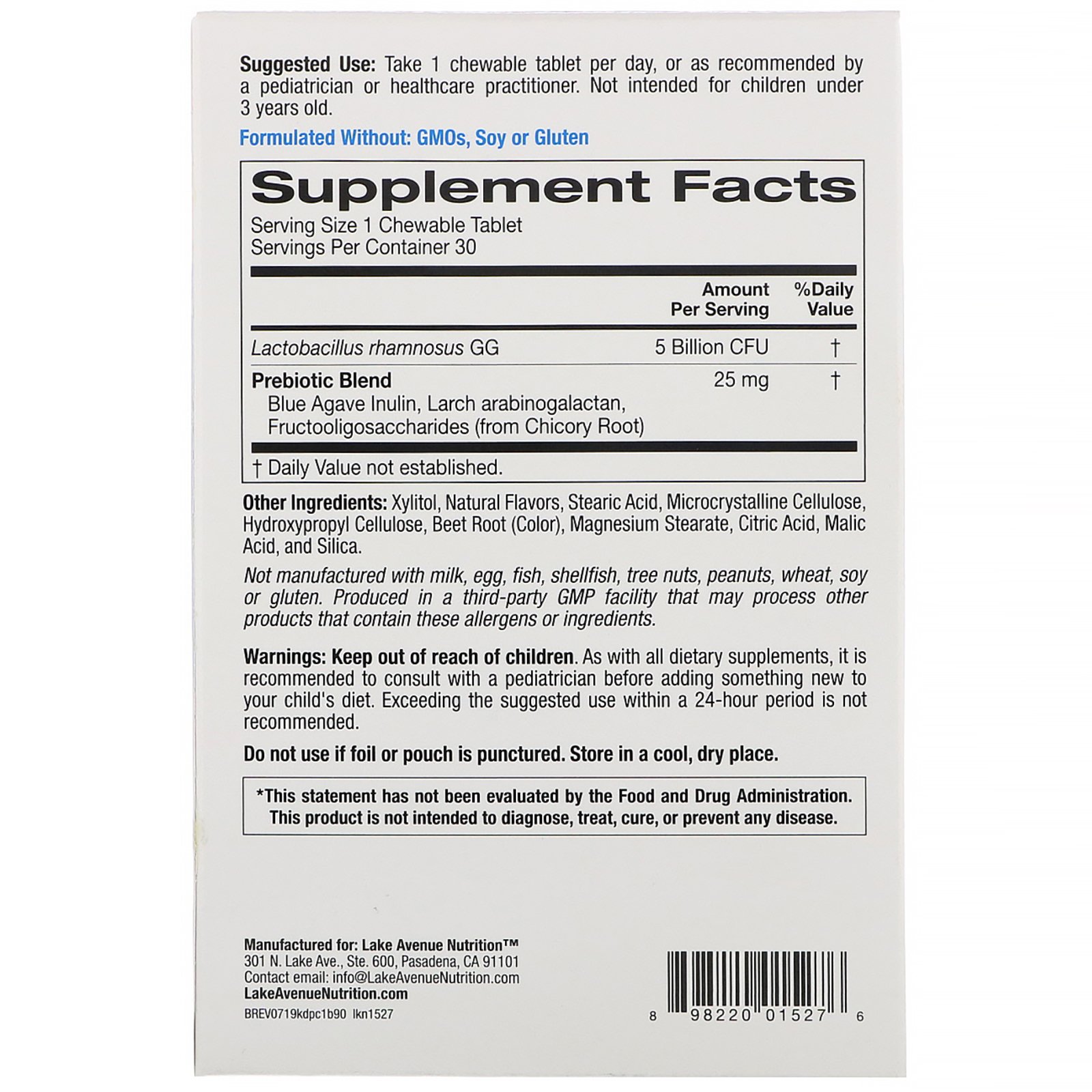 Comprar Lake Avenue Nutrition, Probiótico Mastigável Diário para Crianças, Sabor de Frutas Vermelhas Naturais, 5 Bilhões de UFCs, 30 Comprimidos Mastigáveis - Imagem 2