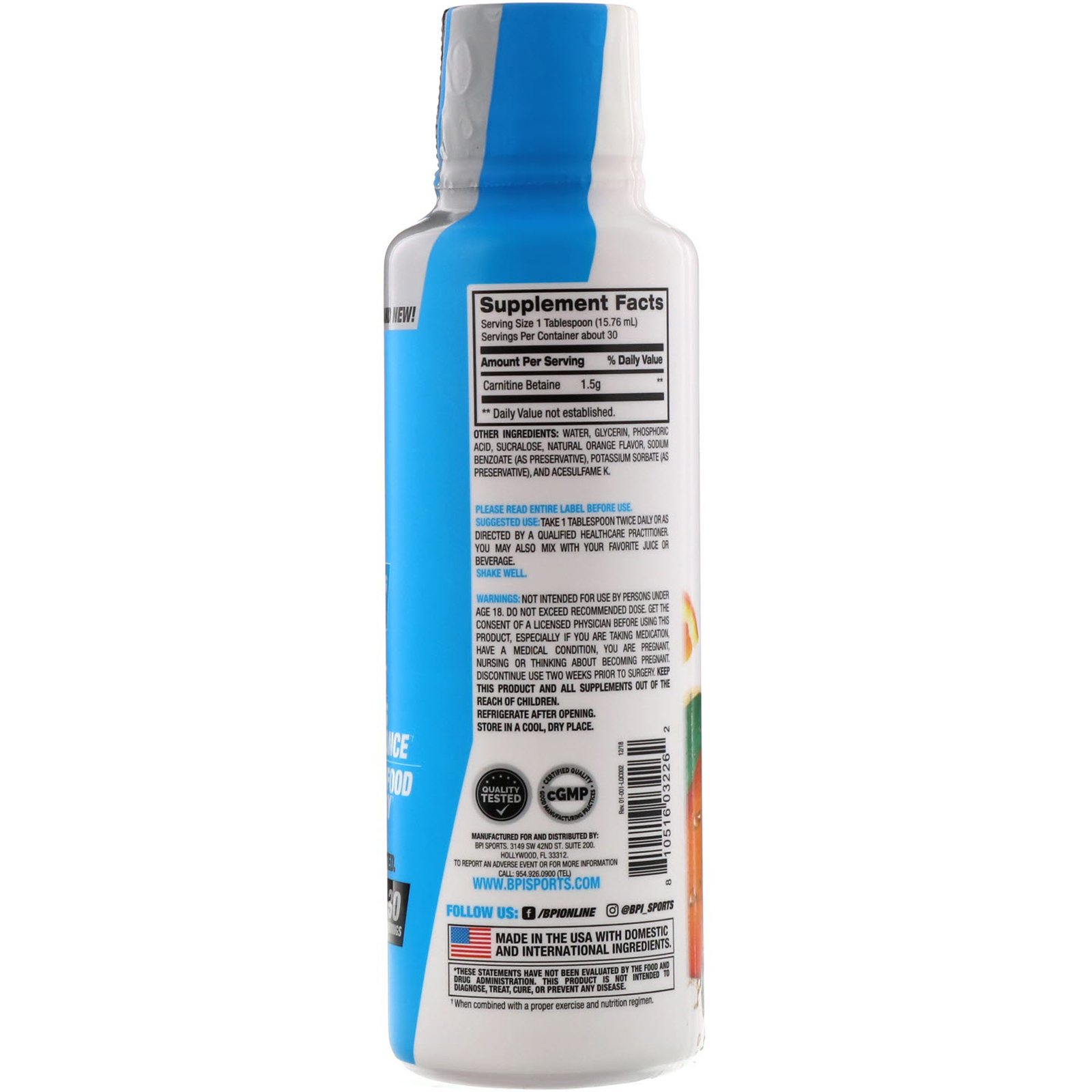 Comprar BPI Sports, Liquid Carnitine, Orange, 1,500 mg, 16 fl oz (473 ml) - Imagem 2