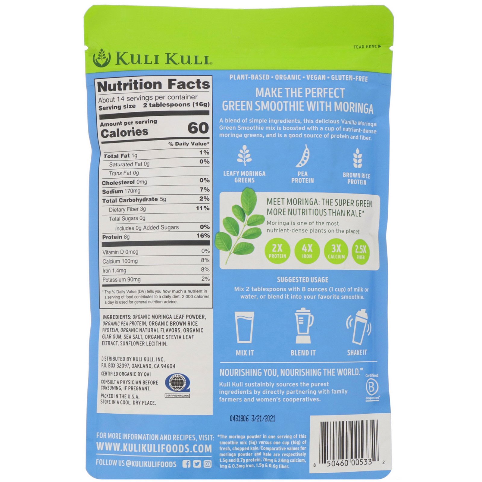 Comprar Kuli Kuli, Batido Verde de Moringa Orgânica com Proteína Vegetal, Baunilha, 7,9 oz (224 g) - Imagem 2