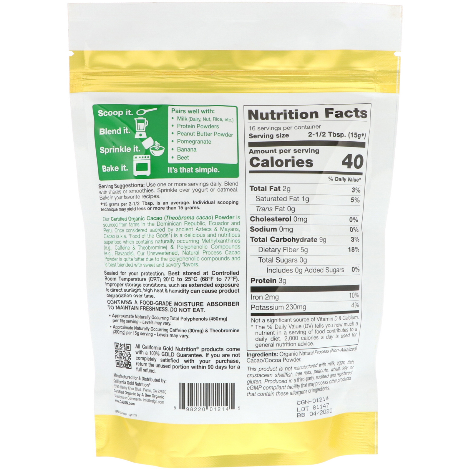Comprar California Gold Nutrition, Superfoods, Cacau em Pó Orgânico, 8,5 oz (240 g) - Imagem 2
