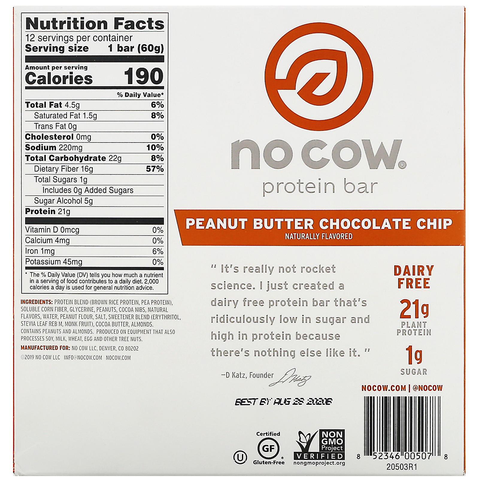 Comprar No Cow, Barra de Proteína, Chips de Chocolate com Manteiga de Amendoim, 12 Barras, 60 g (2,12 oz ) Cada - Imagem 3