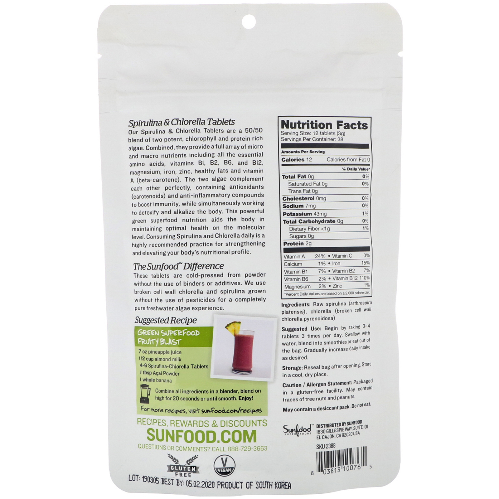 Comprar Sunfood, Espirulina e Chlorella, Comprimidos Super Algae, 250 mg, 456 Comprimidos - Imagem 2