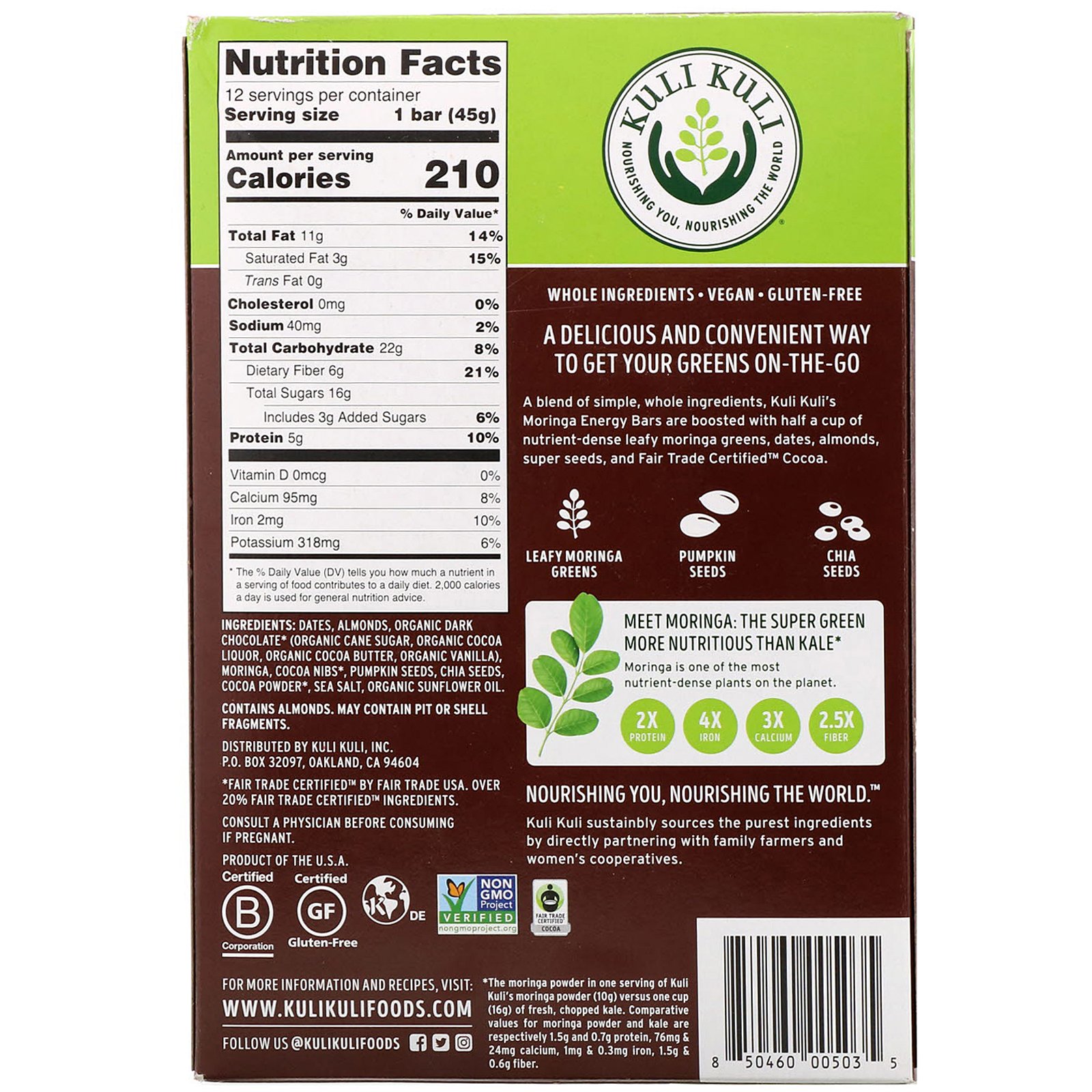 Comprar Kuli Kuli, Barra de Moringa, Chocolate Preto, 12 Barras, 1,6 oz (45 g) Cada - Imagem 2