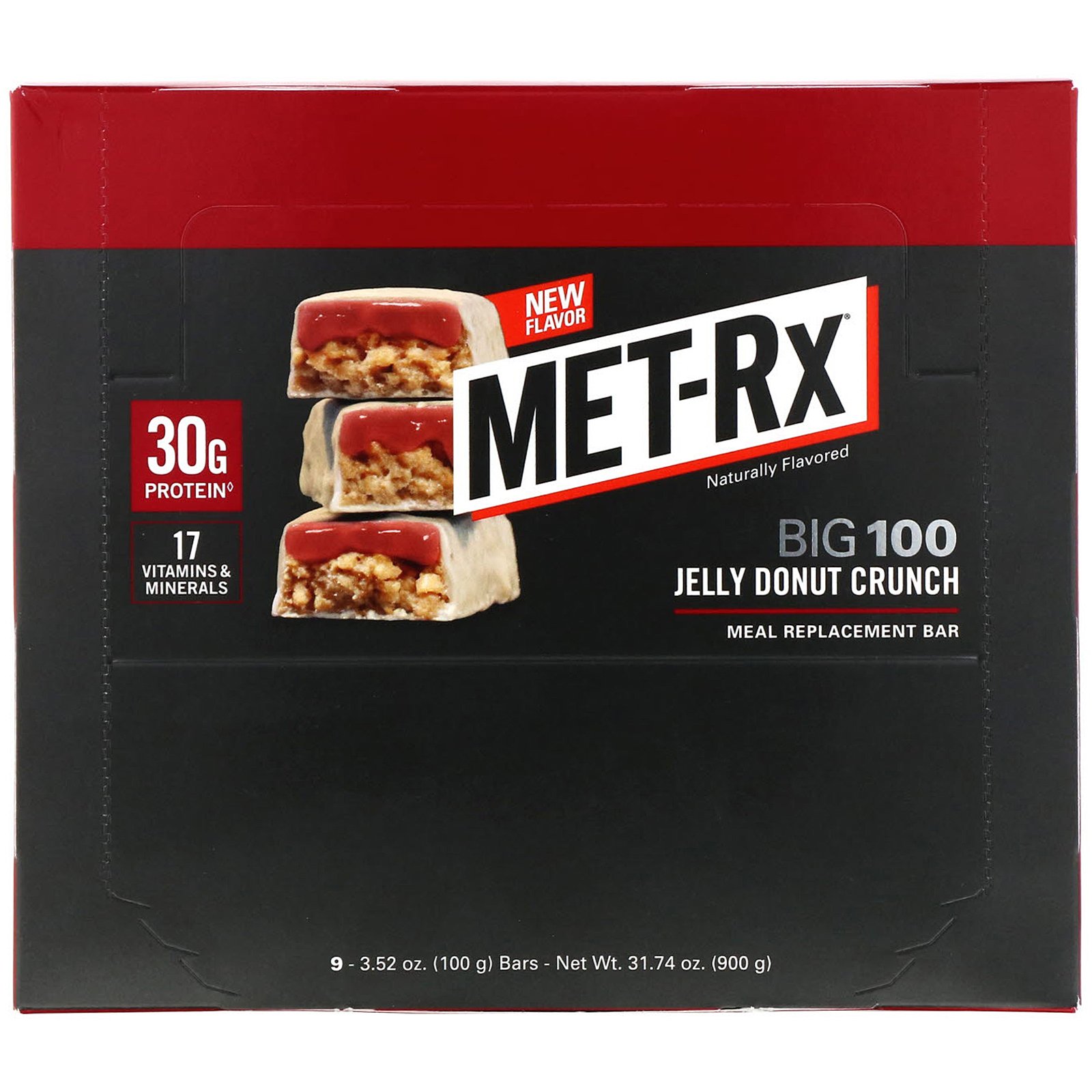 Comprar MET-Rx, MET-Rx Big 100, Meal Replacement Bar, Jelly Donut Crunch, 9 bars, 3.52 oz (100 g) Each - Imagem 2