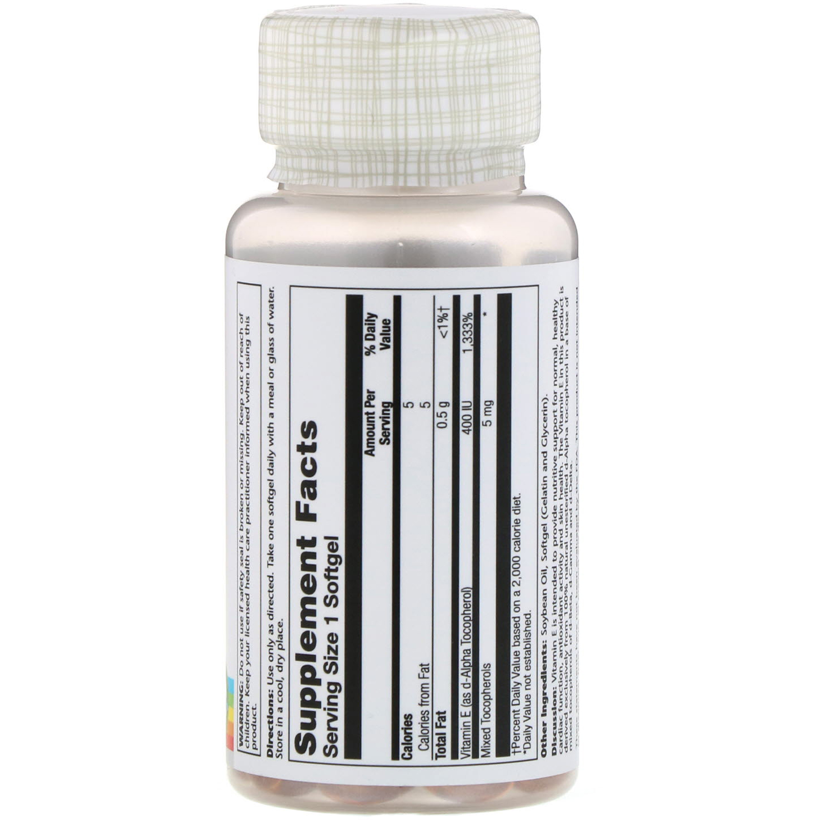 Comprar Solaray, Vitamin E , 400 IU, 100 Softgels - Imagem 2