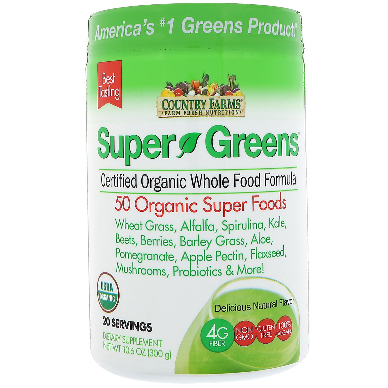 Comprar Country Farms, Super Greens, Fórmula de Alimentos Integrais com Certificação Orgânica, Delicioso Sabor Natural, 300 g (10,6 oz)