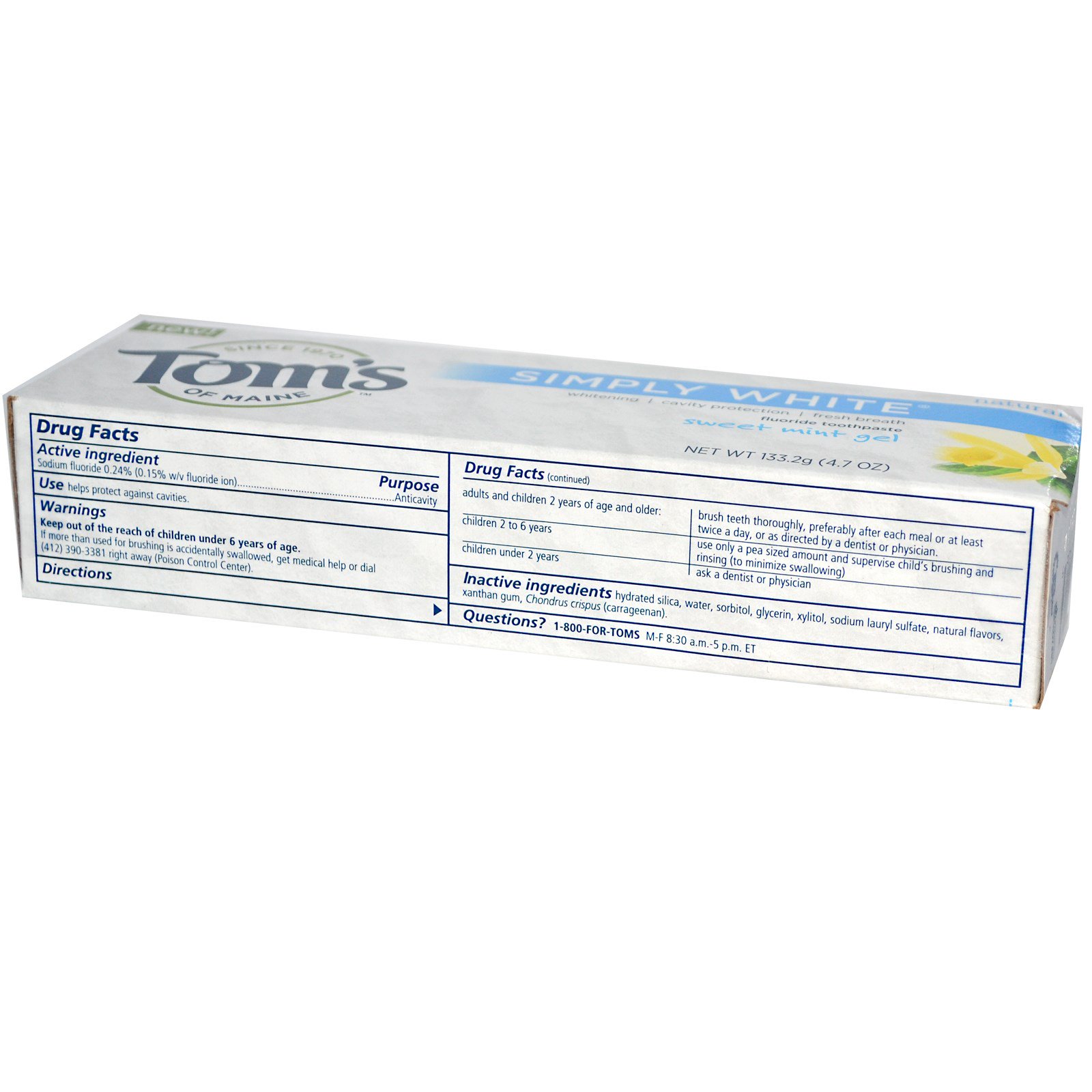 Comprar Tom's of Maine, Simplesmente Branco, Pasta de Dente com Flúor, Gel de Menta Doce, 4.7 oz (133,2 g)