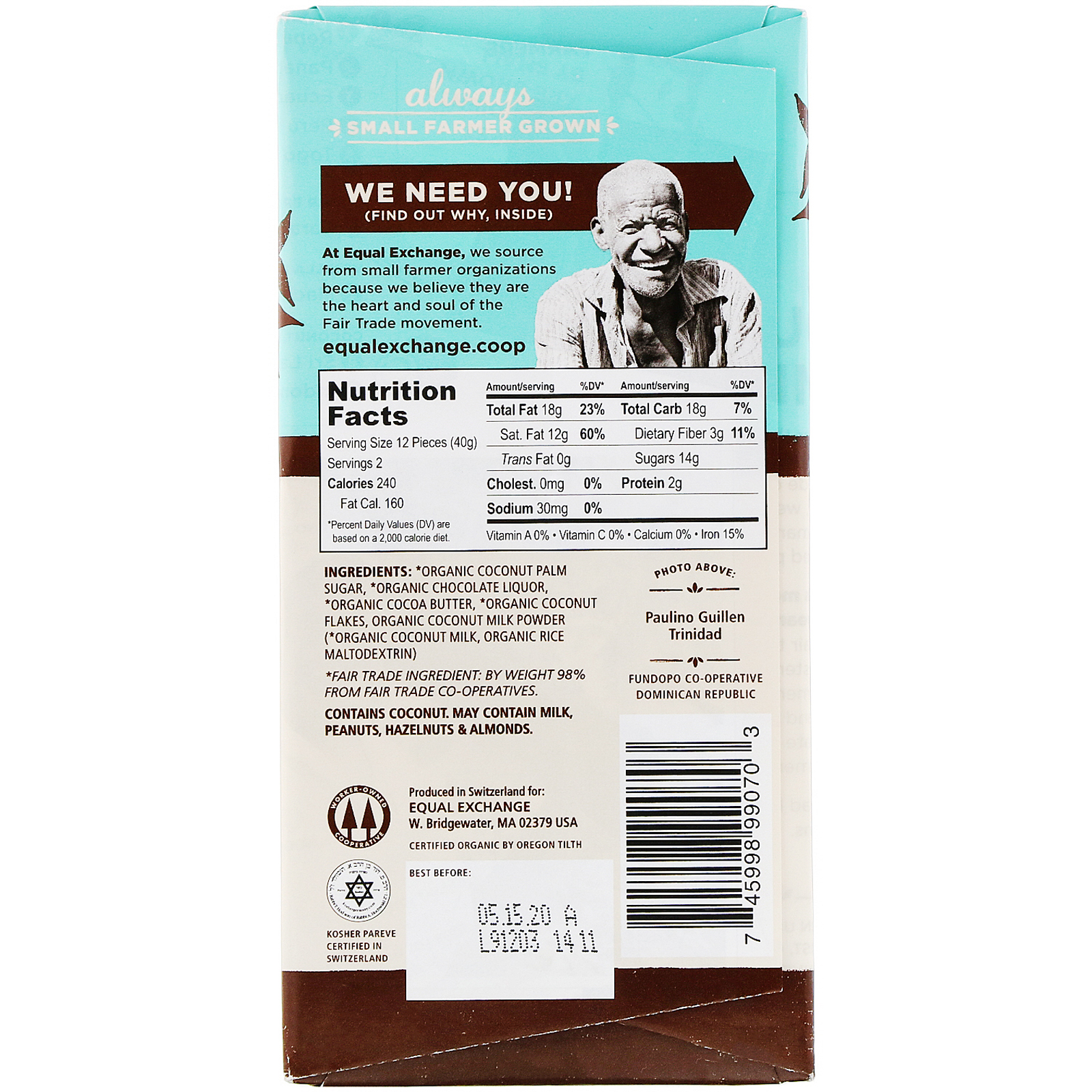 Comprar Equal Exchange, Organic Chocolate, Coconut Milk and Coconut Palm Sugar, 55% Cacao, 2.8 oz (80 g) - Imagem 2