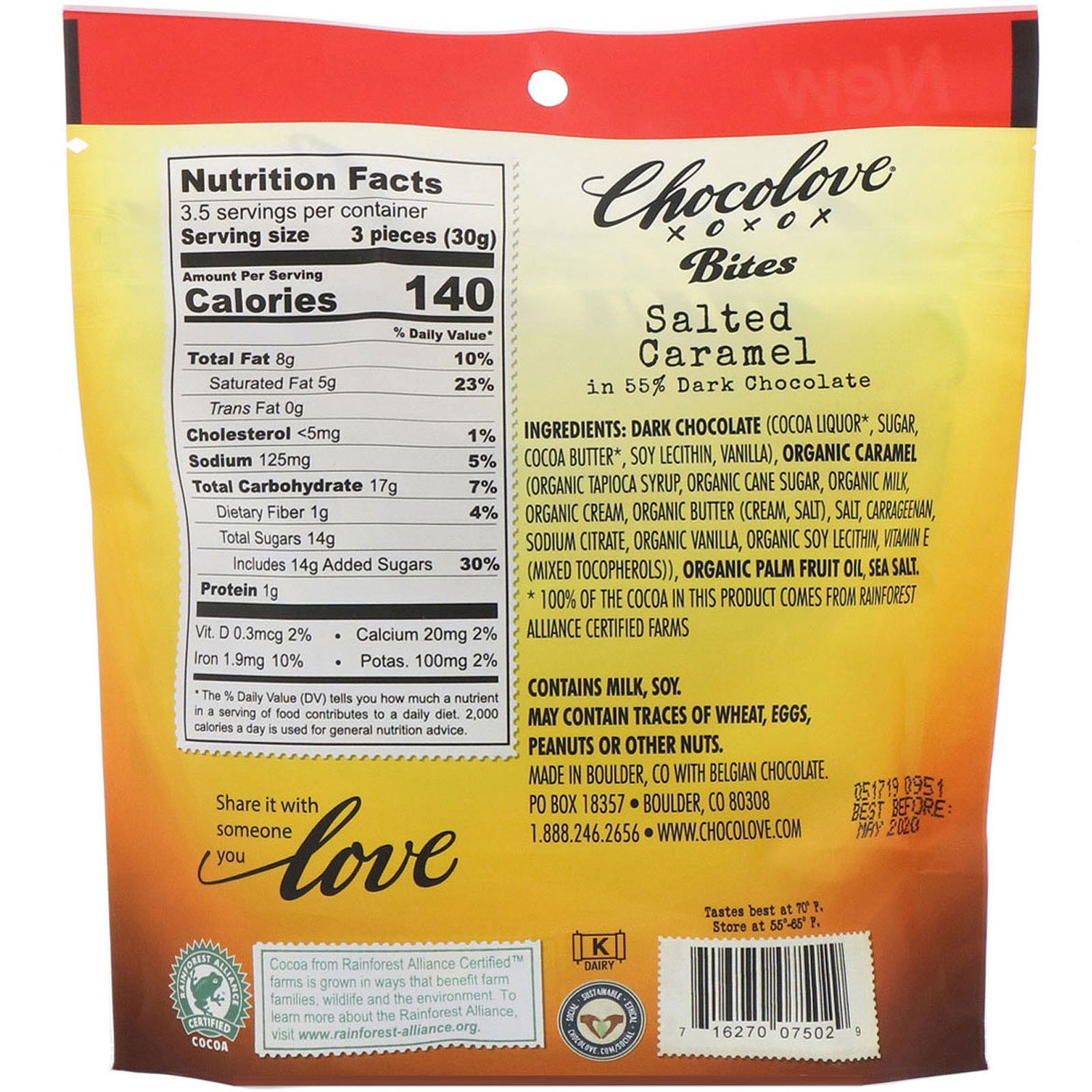 Comprar Chocolove, Bites, Salted Caramel in 55% Dark Chocolate, 3.5 oz (100 g) - Imagem 2