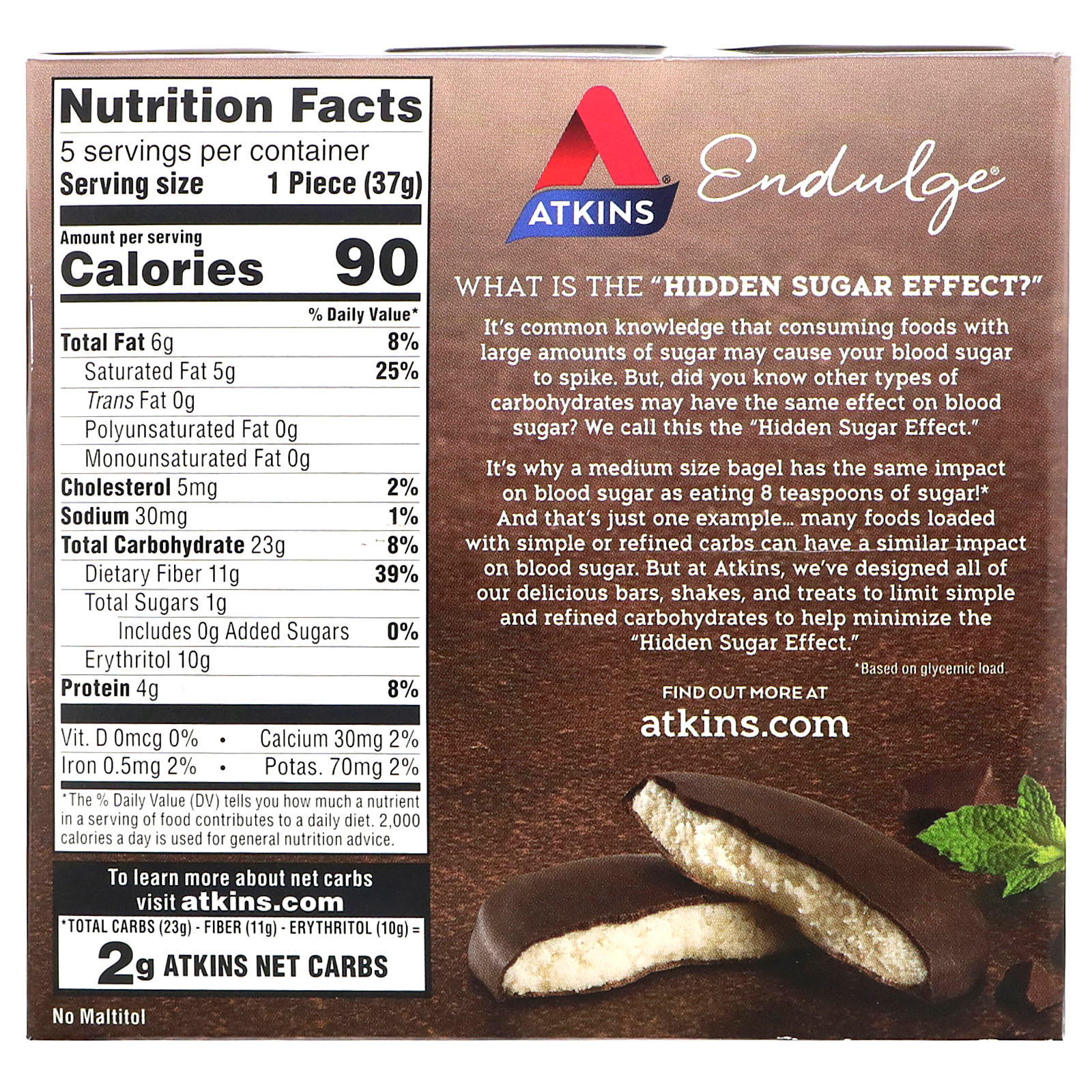 Comprar Atkins, Petisco, Biscoito de Hortelã-Pimenta com Cobertura de Chocolate Amargo, 5 Barras, 37 g (1,31 oz) Cada - Imagem 2