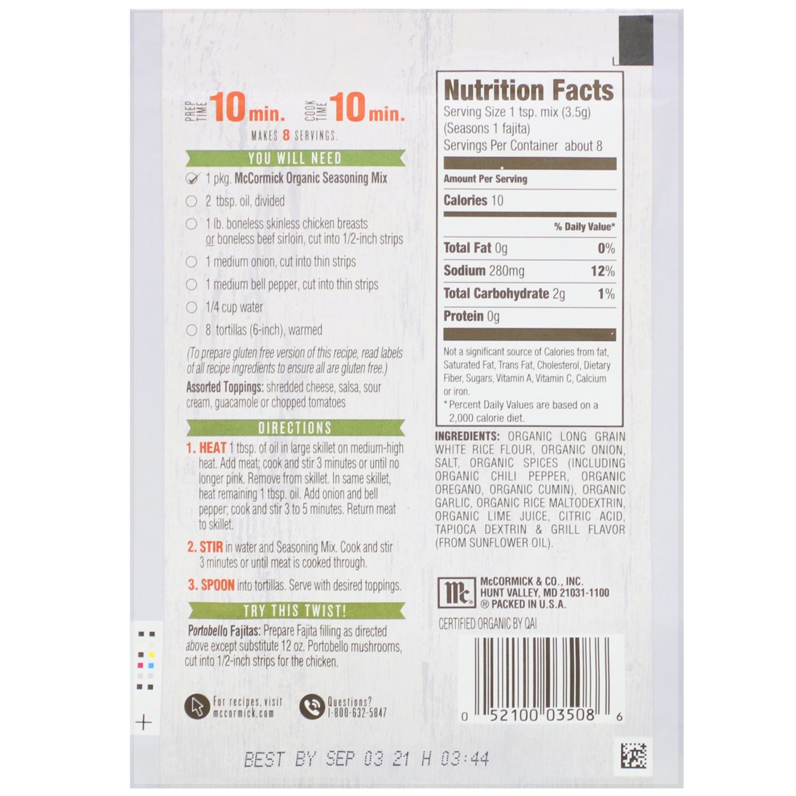 Comprar McCormick, Organic Seasoning Mix, Fajita, 1 oz (28 g) - Imagem 2
