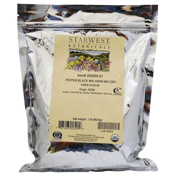 Comprar Starwest Botanicals, Pimenta-do-Reino Integral Orgânica Malabar, 454,6 g (1 lb)