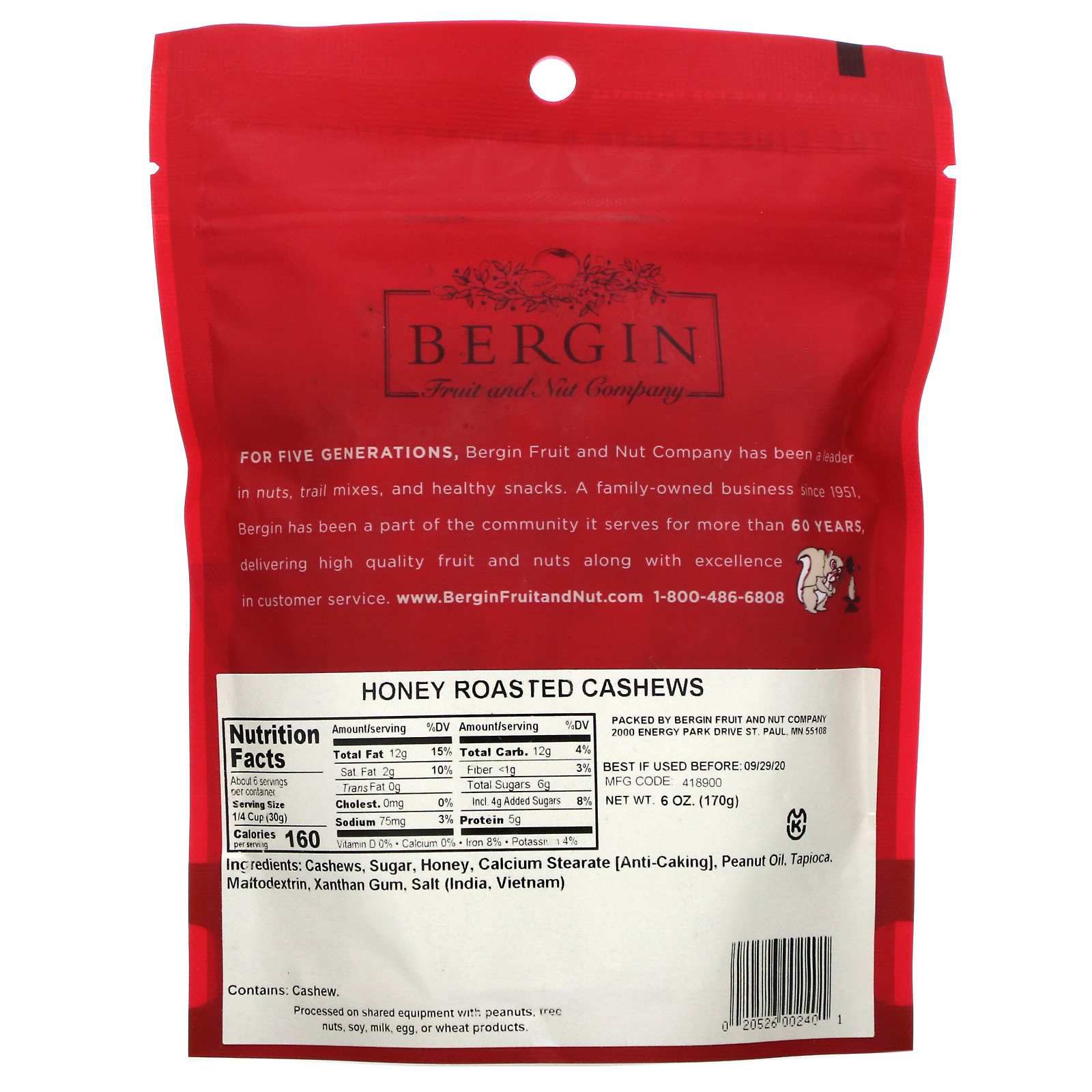 Comprar Bergin Fruit and Nut Company, Castanha de Caju Torrada com Mel, 170 g (6 oz) - Imagem 2
