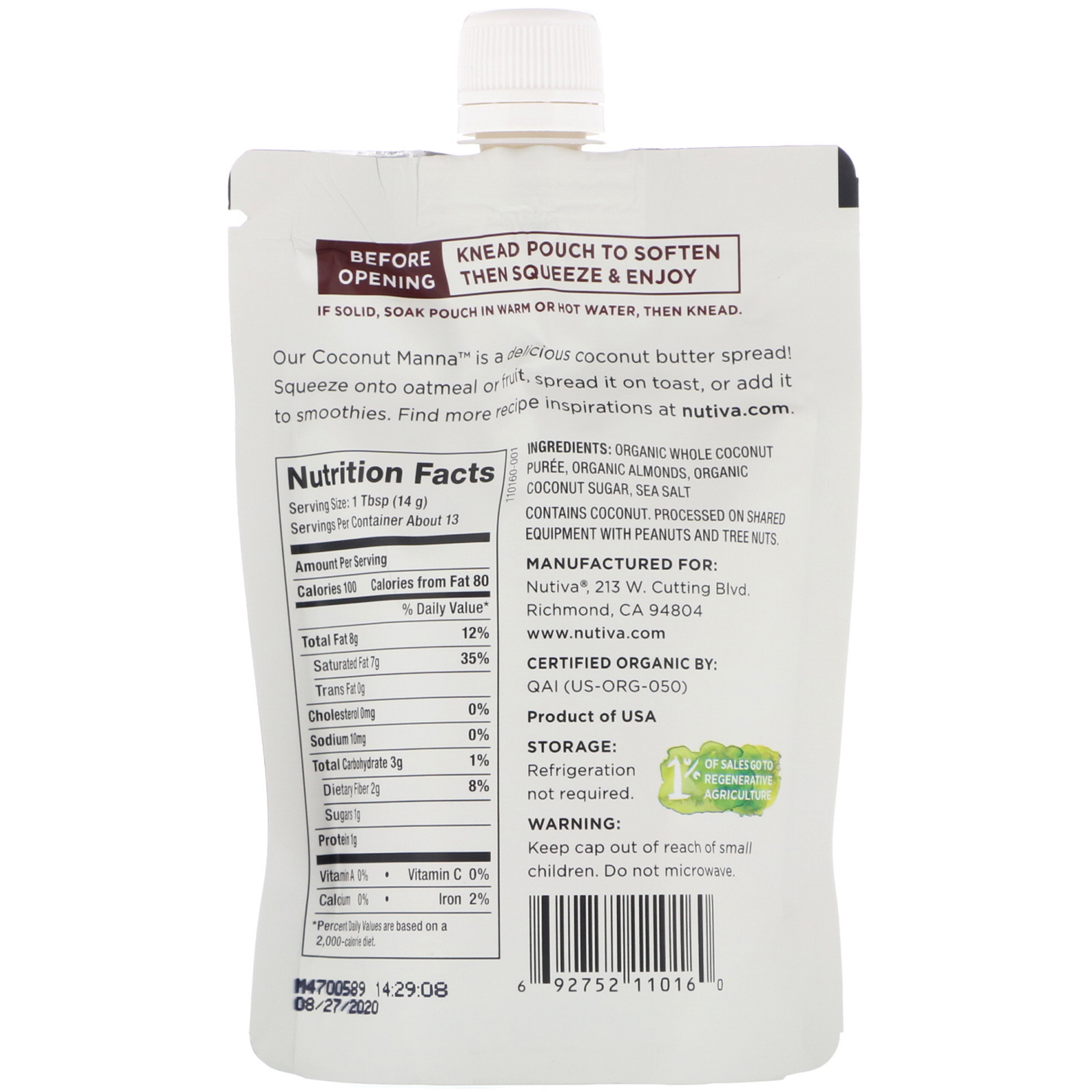 Comprar Nutiva, Squeezable Orgânico, Coconut Manna, Amêndoa, 6,2 oz (176 g) - Imagem 2