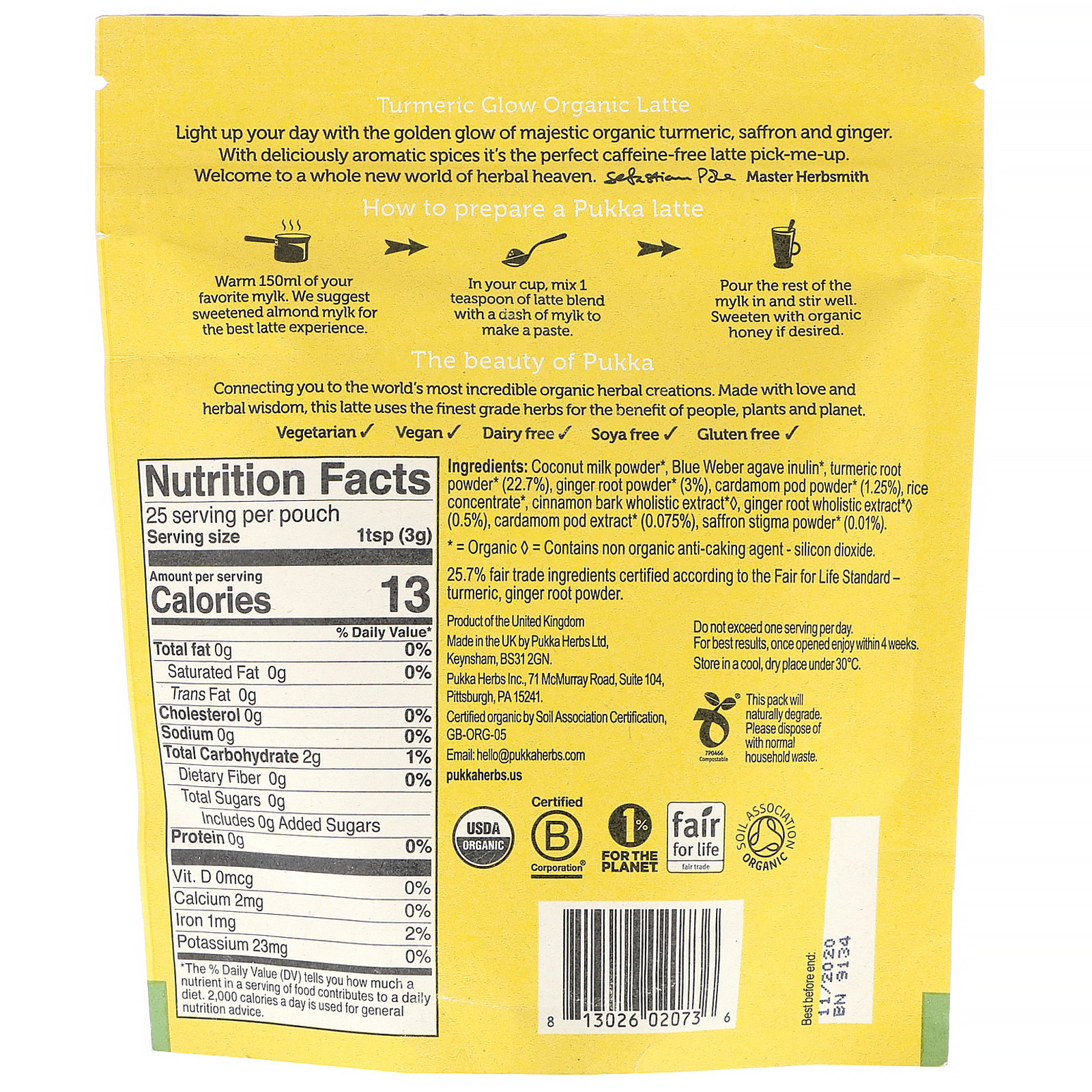 Comprar Pukka Herbs, Latte Orgânico Turmeric Glow, Sem Cafeína, 75 g (2,65 oz) - Imagem 2