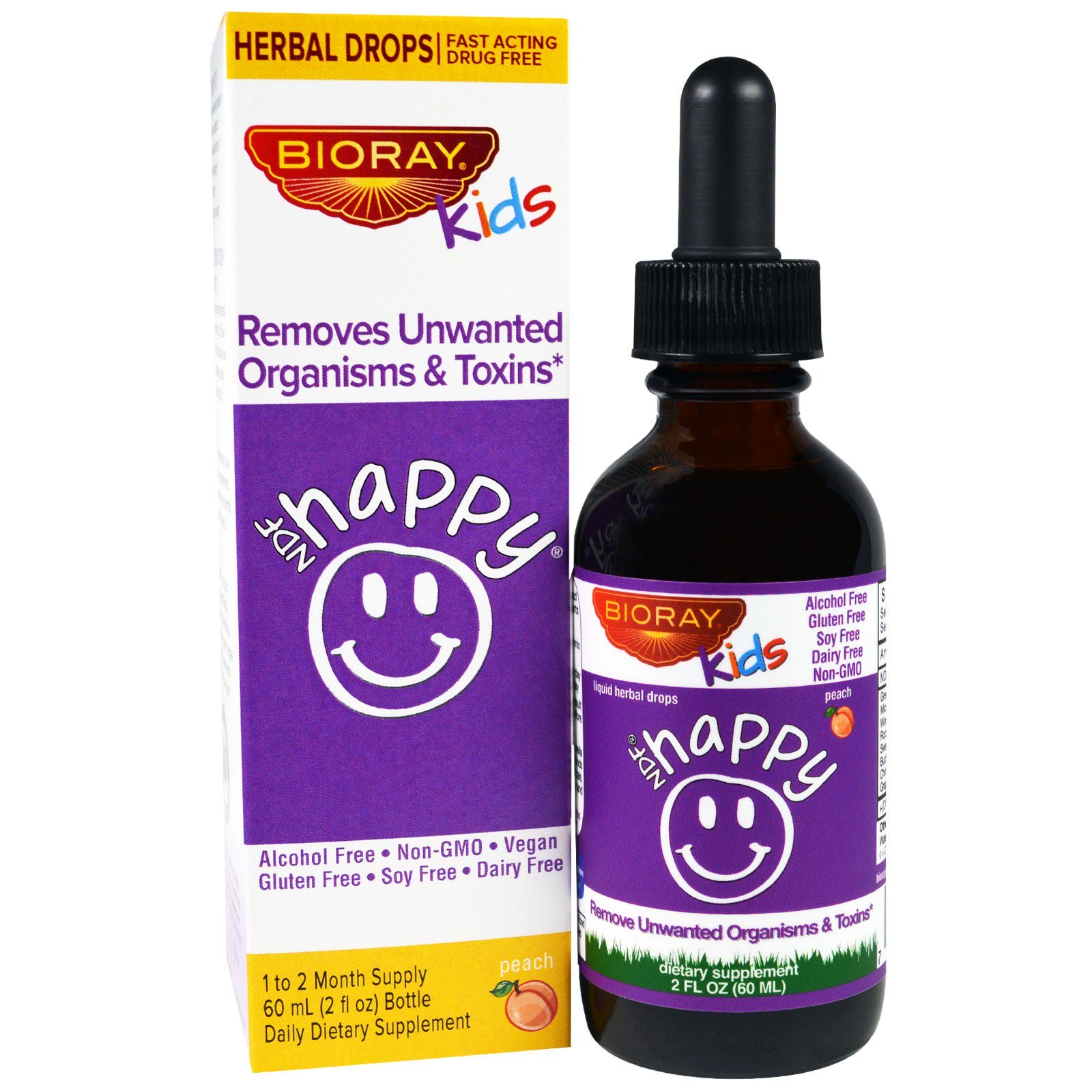 Comprar Bioray, NDF Happy, Remove Organismos e Toxinas Indesejados, Crianças, Sabor de Pêssego, 2 fl oz. (60 ml)