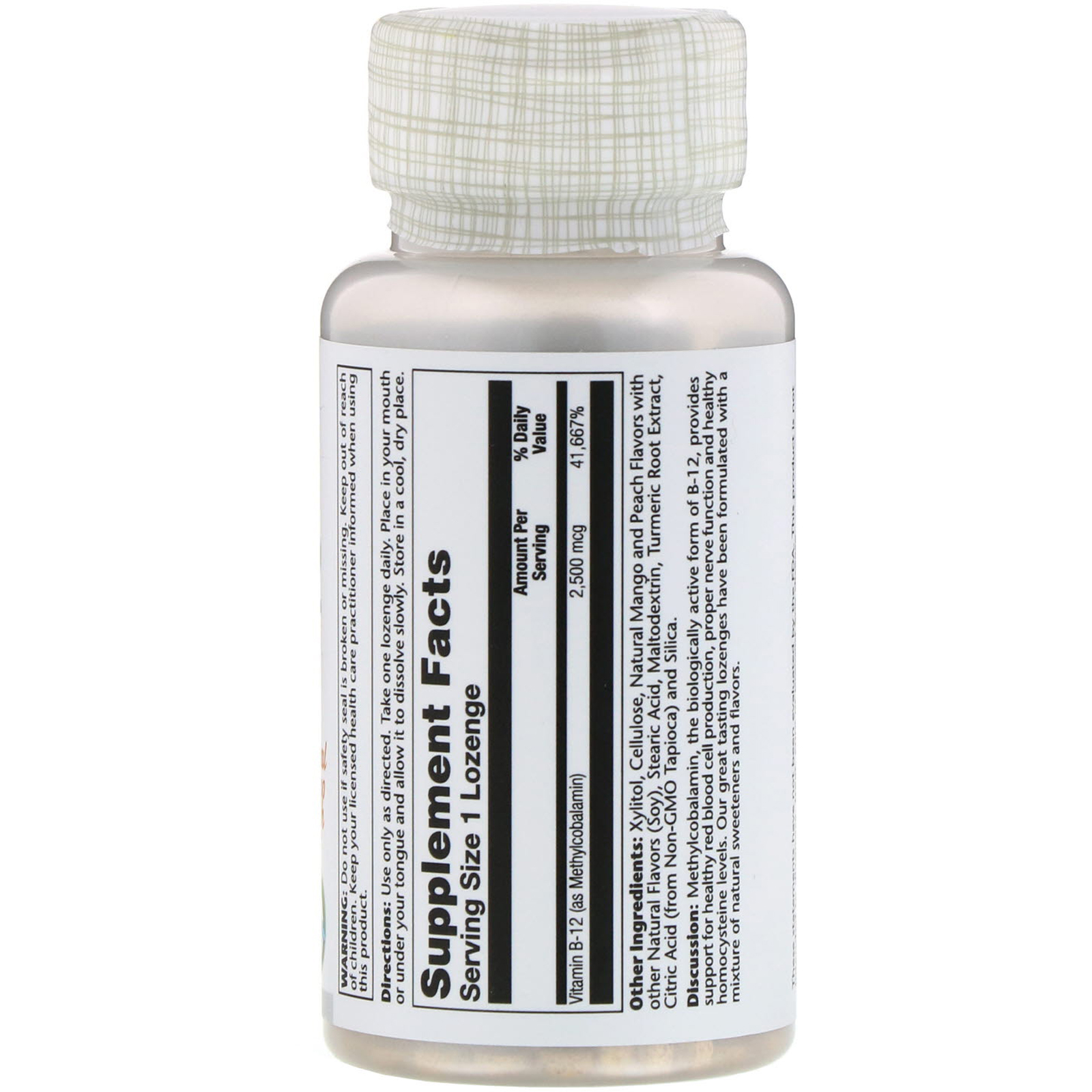Comprar Solaray, High Potency Methyl B-12, Natural Mango Peach, 2,500 mcg, 60 Lozenges - Imagem 2