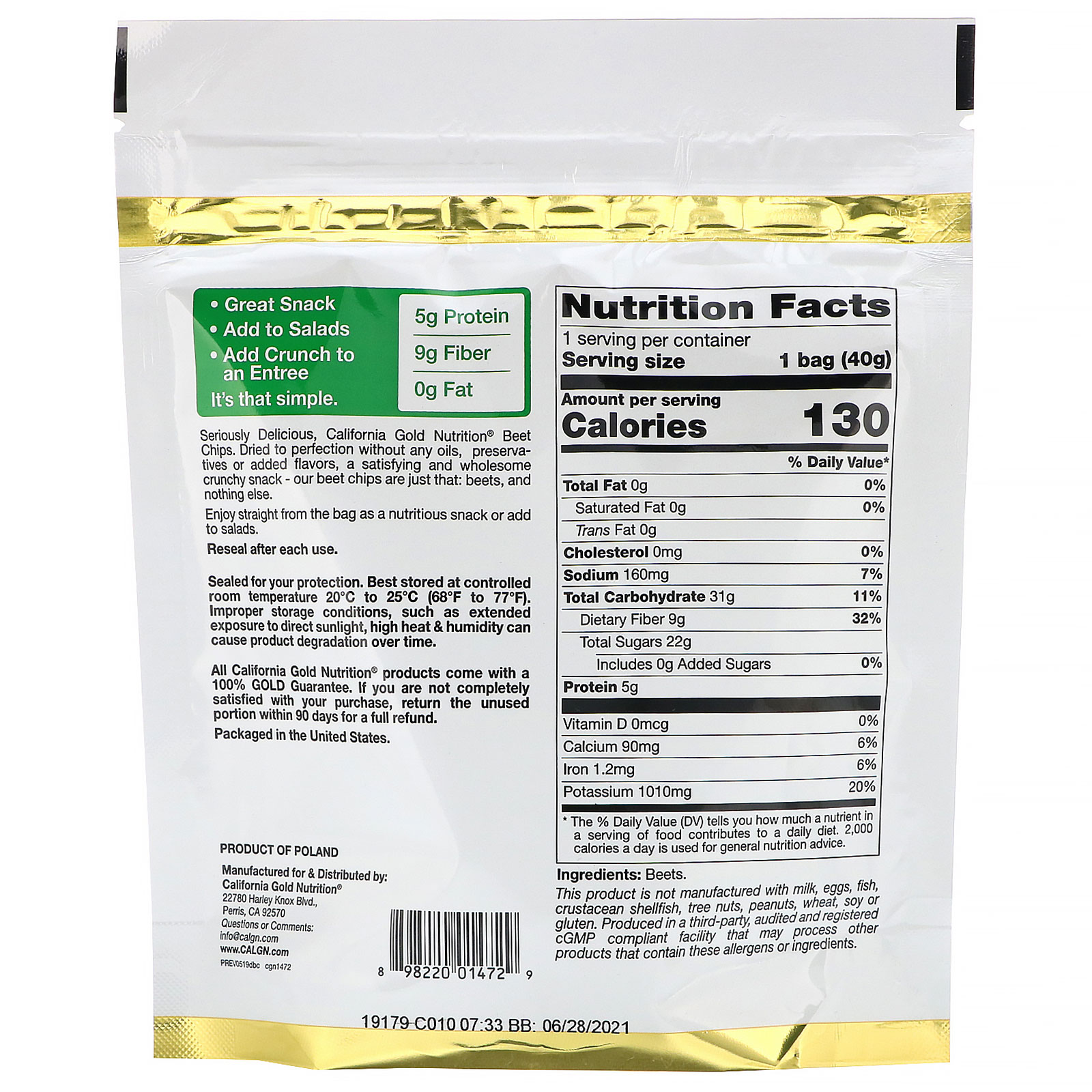 Comprar California Gold Nutrition, Chips de Beterraba, Fatias Secas Prontas para Comer, 1,4 oz (40 g) - Imagem 2