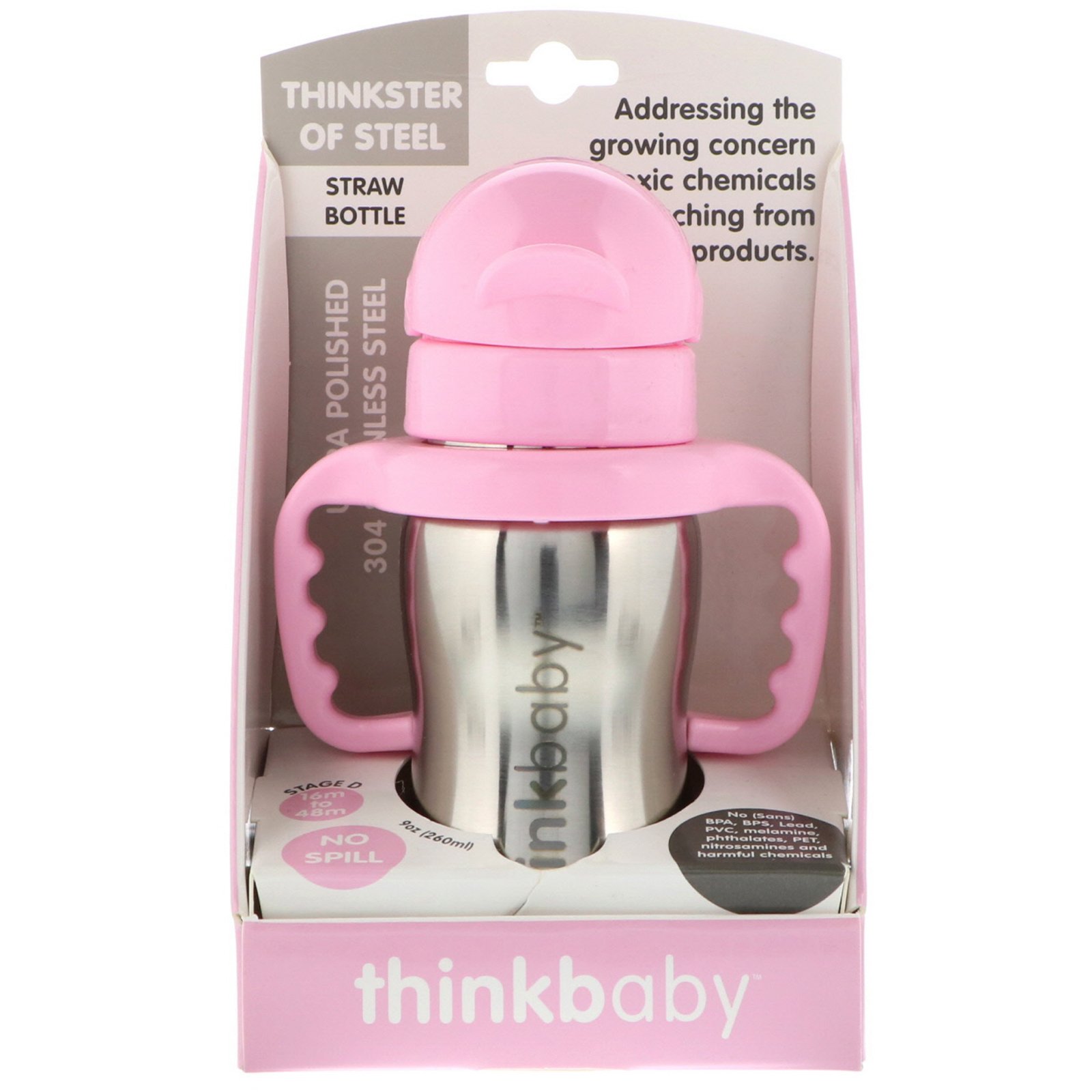 Comprar Think, Thinkbaby, Corpo de Aço, Rosa, 1 Mamadeira com Canudo, 9 oz (260 ml) - Imagem 2